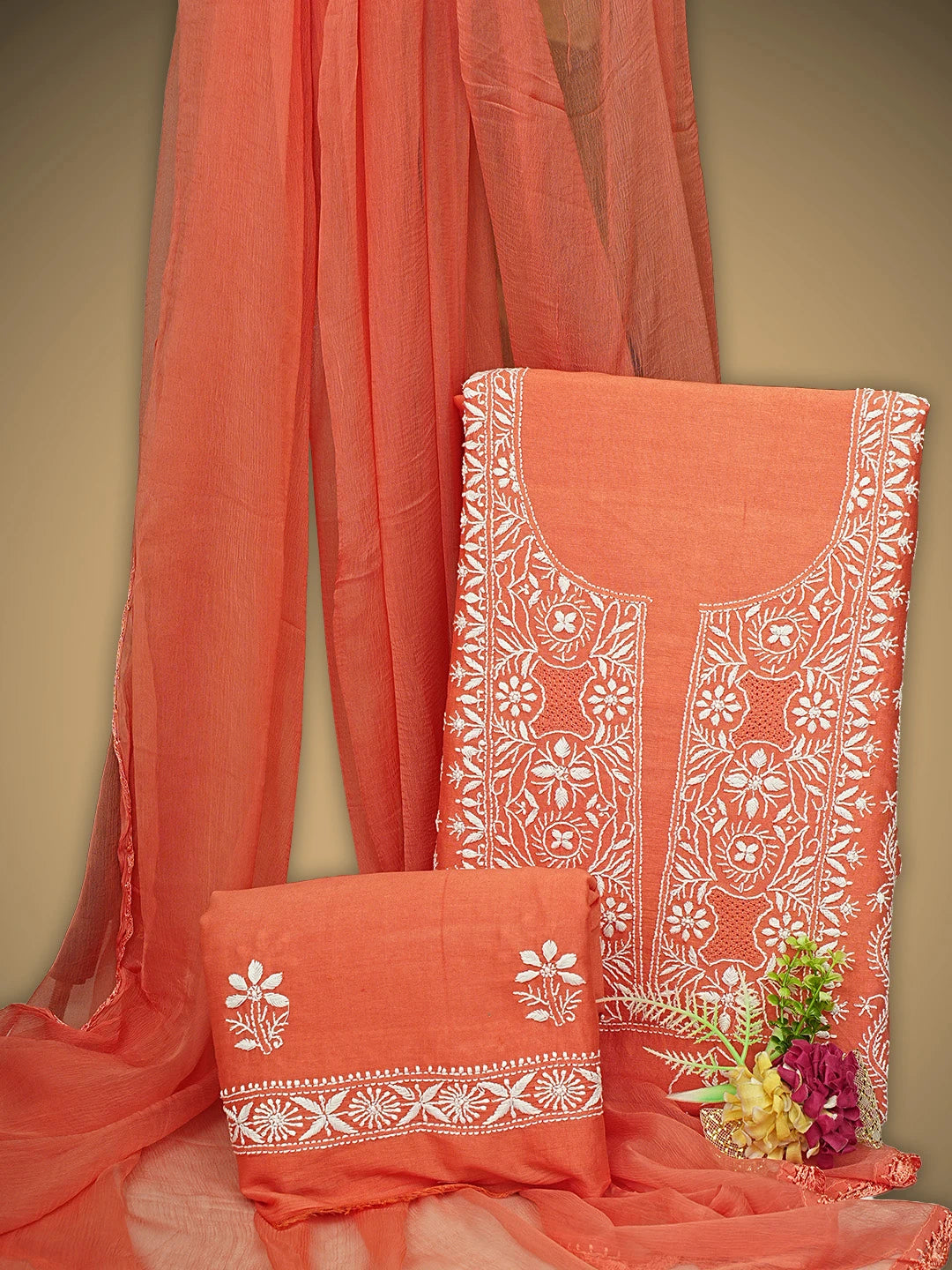 Ada Hand Embroidered Coral Glow Chanderi Lucknowi Chikankari Unstitched Suit Piece 01A932501