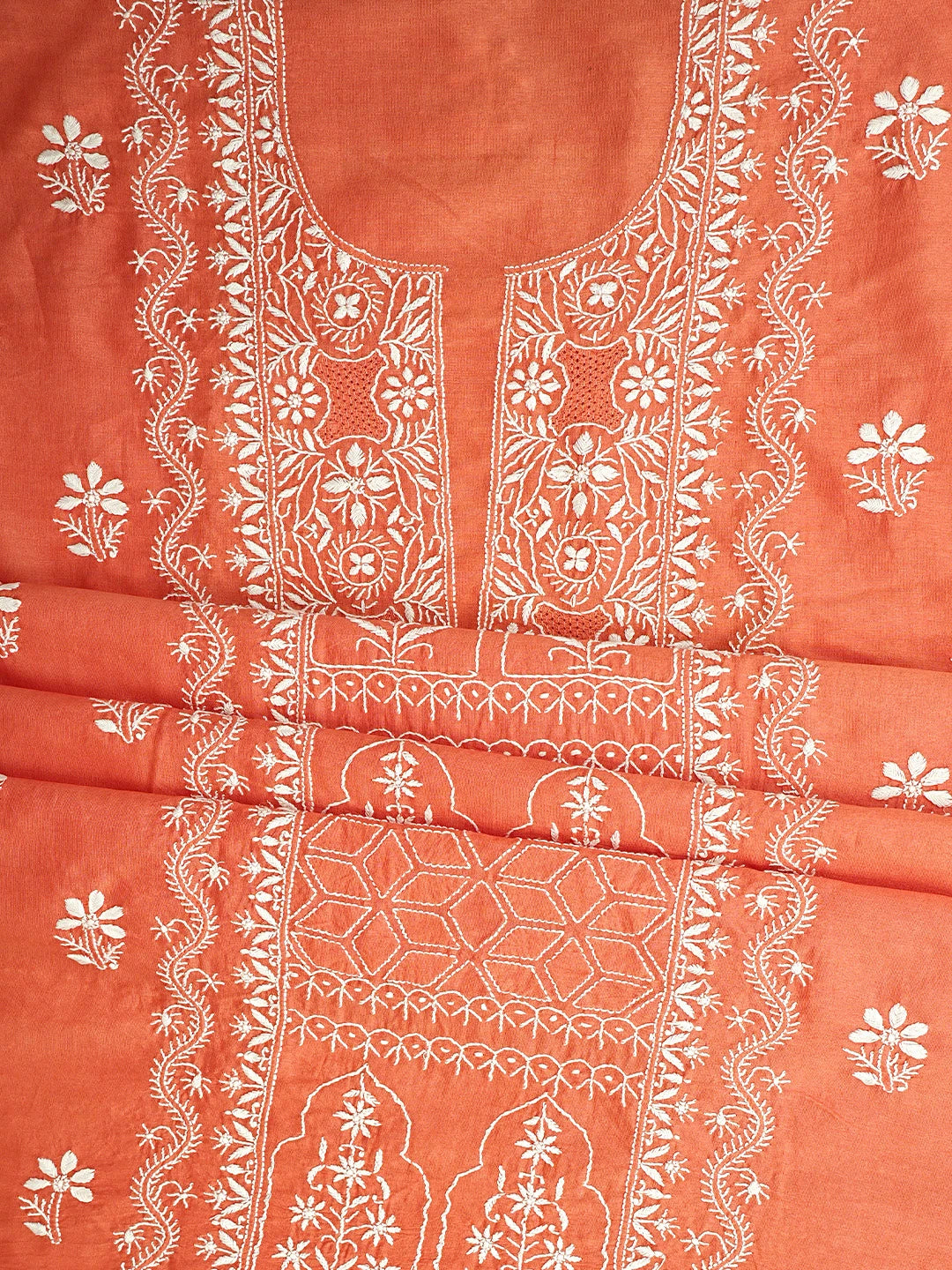 Ada Hand Embroidered Coral Glow Chanderi Lucknowi Chikankari Unstitched Suit Piece 01A932501