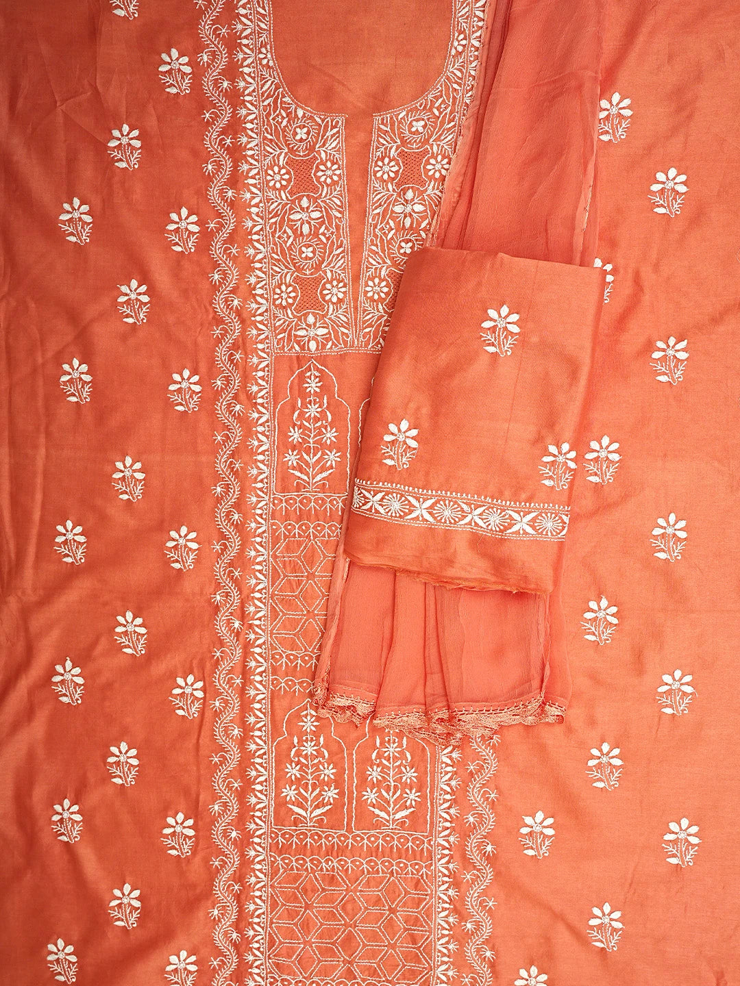 Ada Hand Embroidered Coral Glow Chanderi Lucknowi Chikankari Unstitched Suit Piece 01A932501