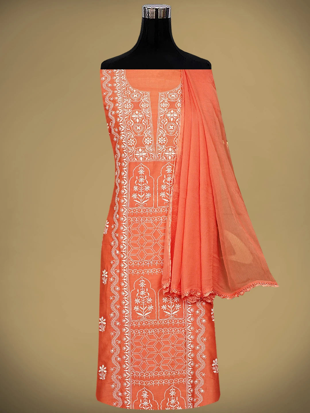 Ada Hand Embroidered Coral Glow Chanderi Lucknowi Chikankari Unstitched Suit Piece 01A932501
