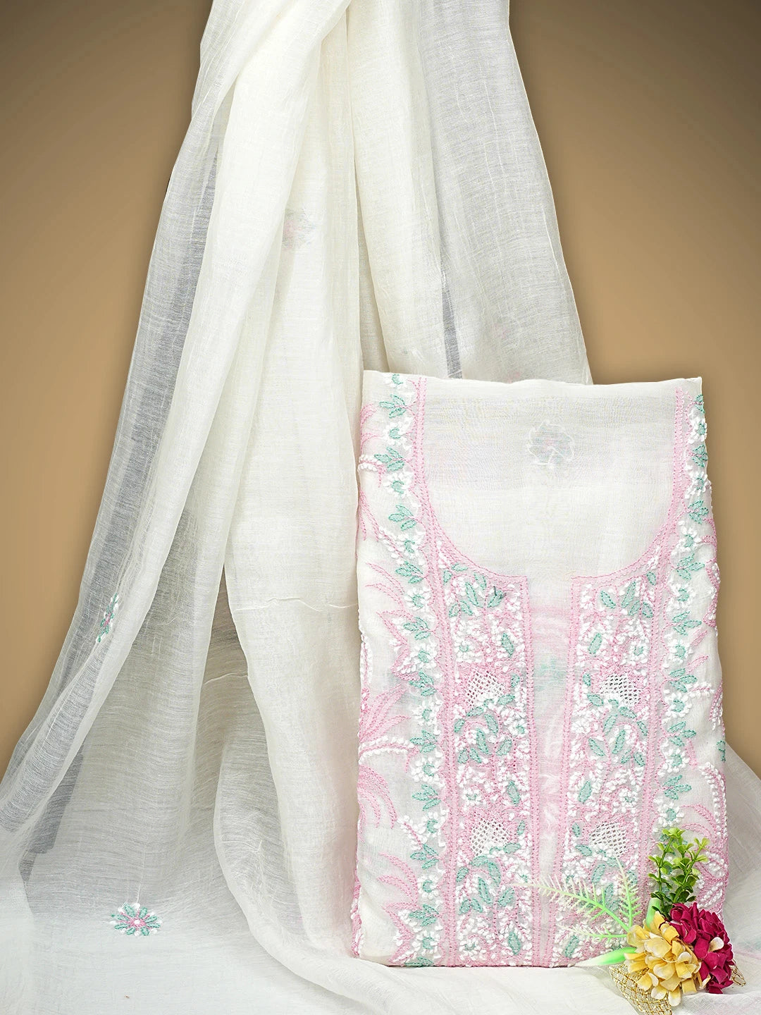 Ada Hand Embroidered White Old Lace Chanderi Lucknowi Chikankari Unstitched Kurta Dupatta Set 01A944333