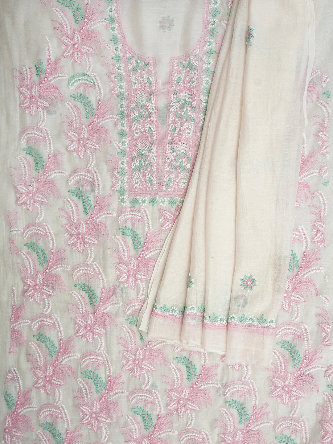 Ada Hand Embroidered White Old Lace Chanderi Lucknowi Chikankari Unstitched Kurta Dupatta Set 01A944333