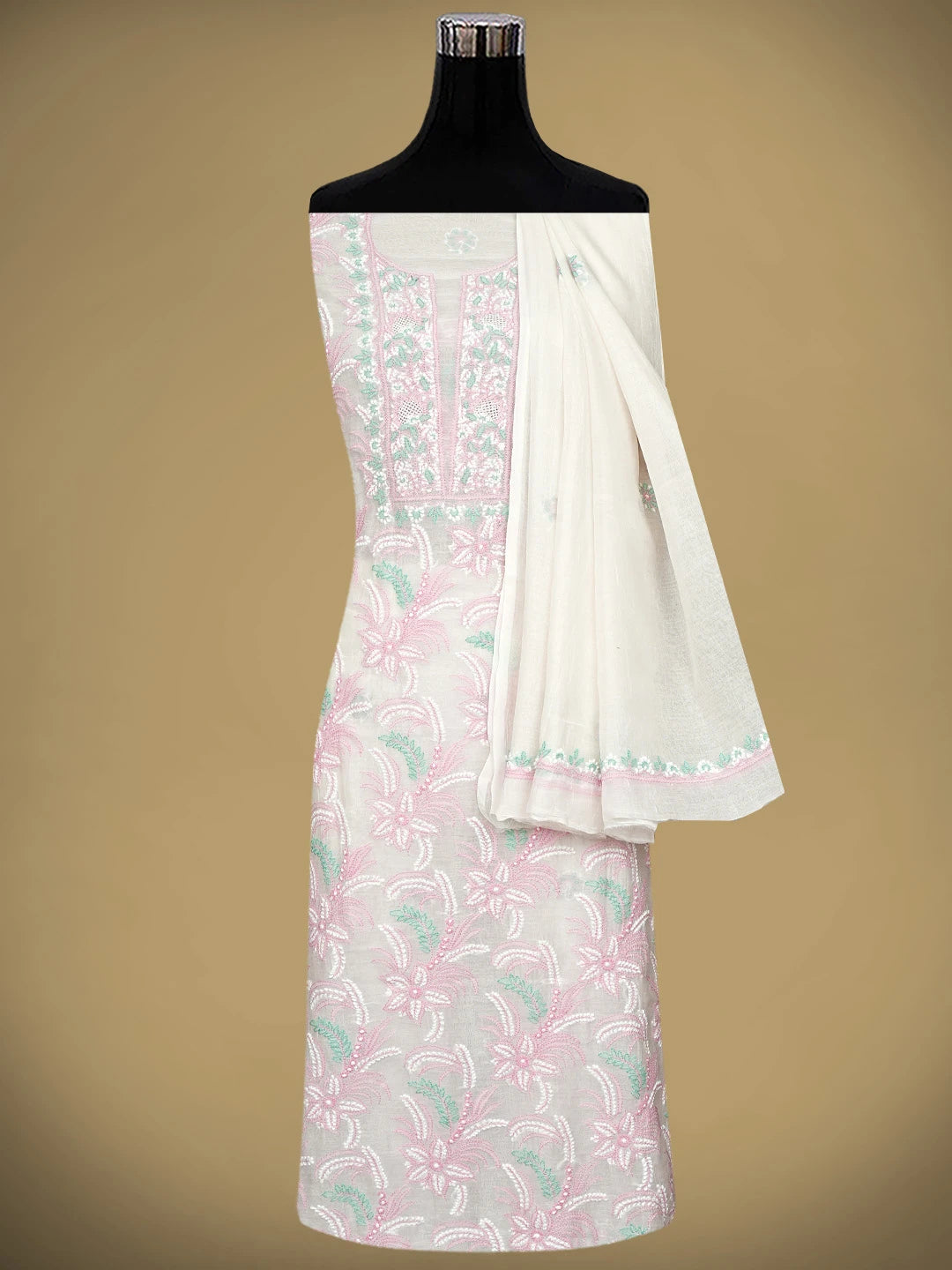 Ada Hand Embroidered White Old Lace Chanderi Lucknowi Chikankari Unstitched Kurta Dupatta Set 01A944333