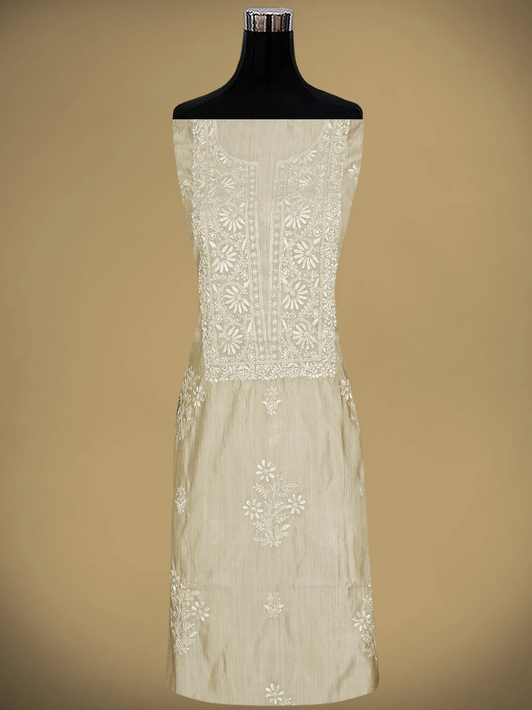 Ada Hand Embroidered Fawn Silk Lucknowi Chikankari Unstitched Kurta Dupatta Set 01A915477