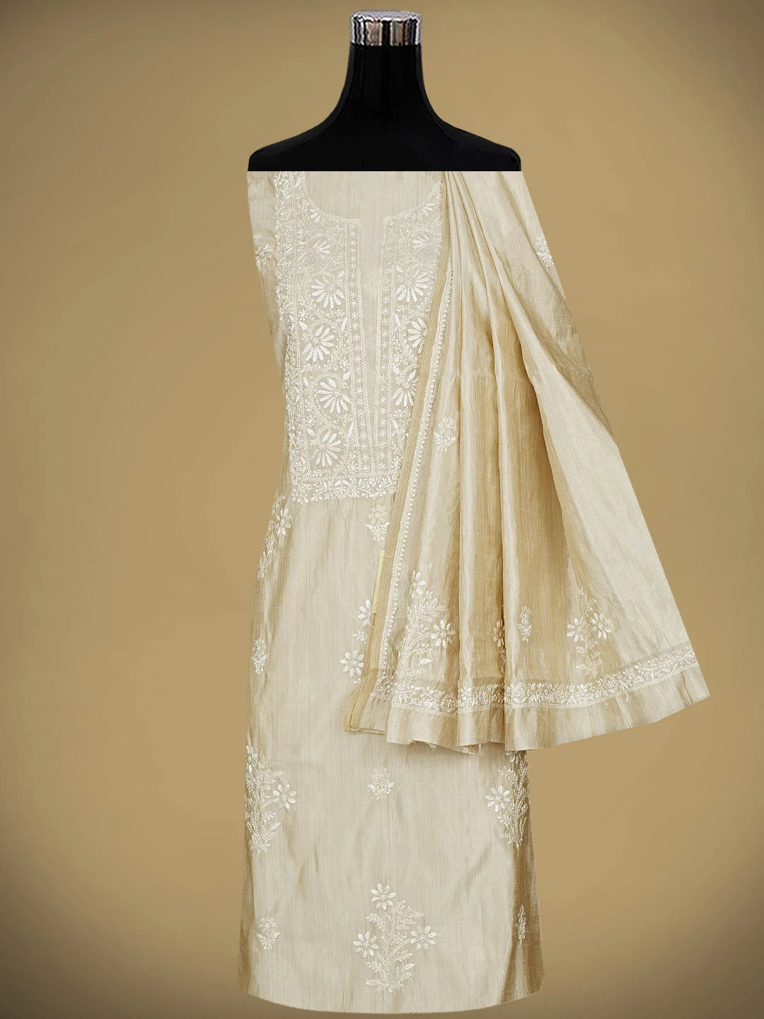 Ada Hand Embroidered Fawn Silk Lucknowi Chikankari Unstitched Kurta Dupatta Set 01A915477