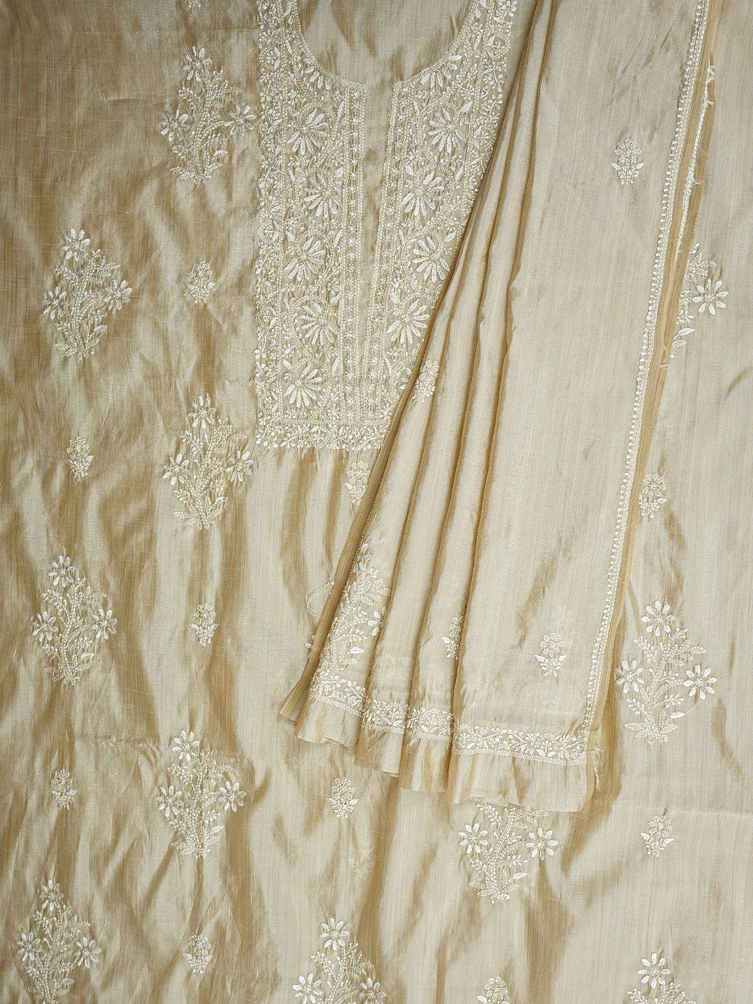 Ada Hand Embroidered Fawn Silk Lucknowi Chikankari Unstitched Kurta Dupatta Set 01A915477