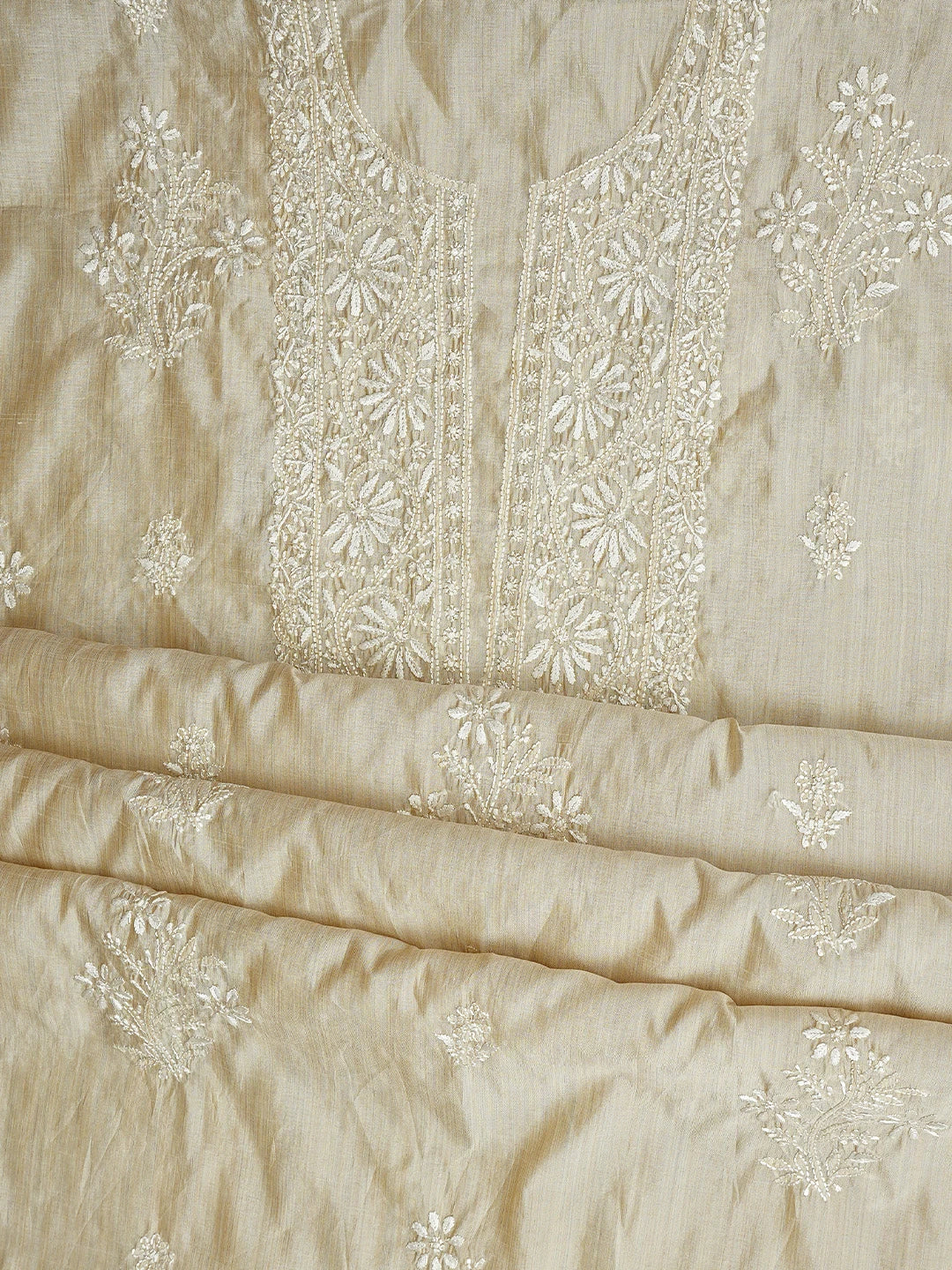Ada Hand Embroidered Fawn Silk Lucknowi Chikankari Unstitched Kurta Dupatta Set 01A915477