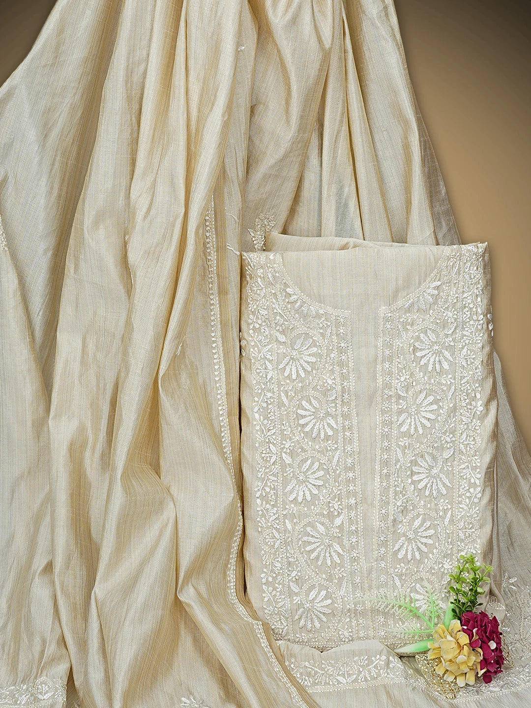 Ada Hand Embroidered Fawn Silk Lucknowi Chikankari Unstitched Kurta Dupatta Set 01A915477