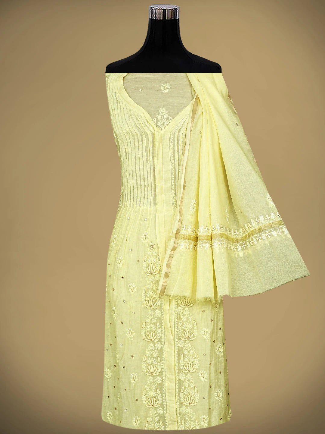 Ada Hand Embroidered Lemon Chanderi Lucknowi Chikankari Semi-stitched Kurta Dupatta Set With Zari Taar Work 01A864570