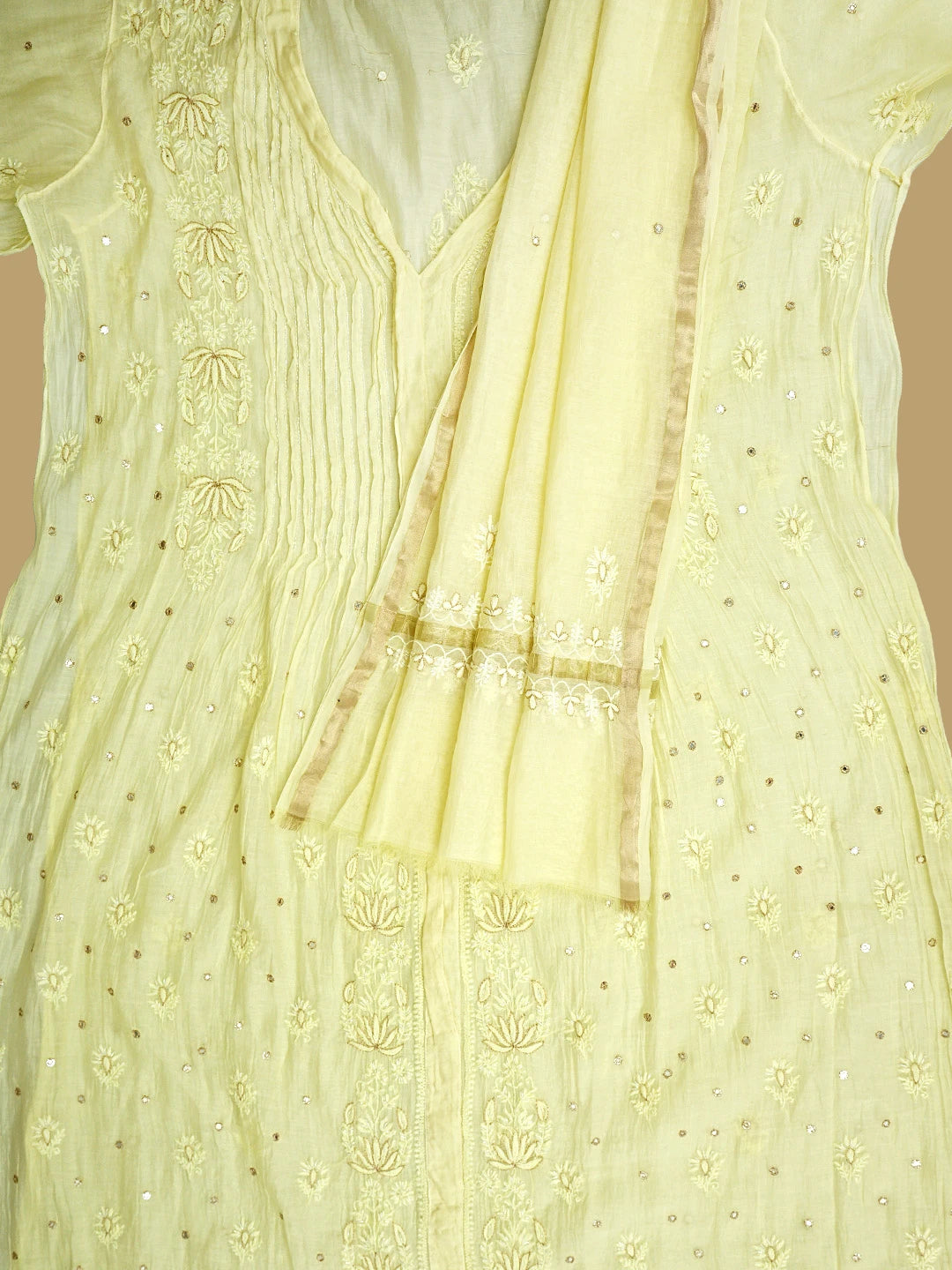 Ada Hand Embroidered Lemon Chanderi Lucknowi Chikankari Semi-stitched Kurta Dupatta Set With Zari Taar Work 01A864570
