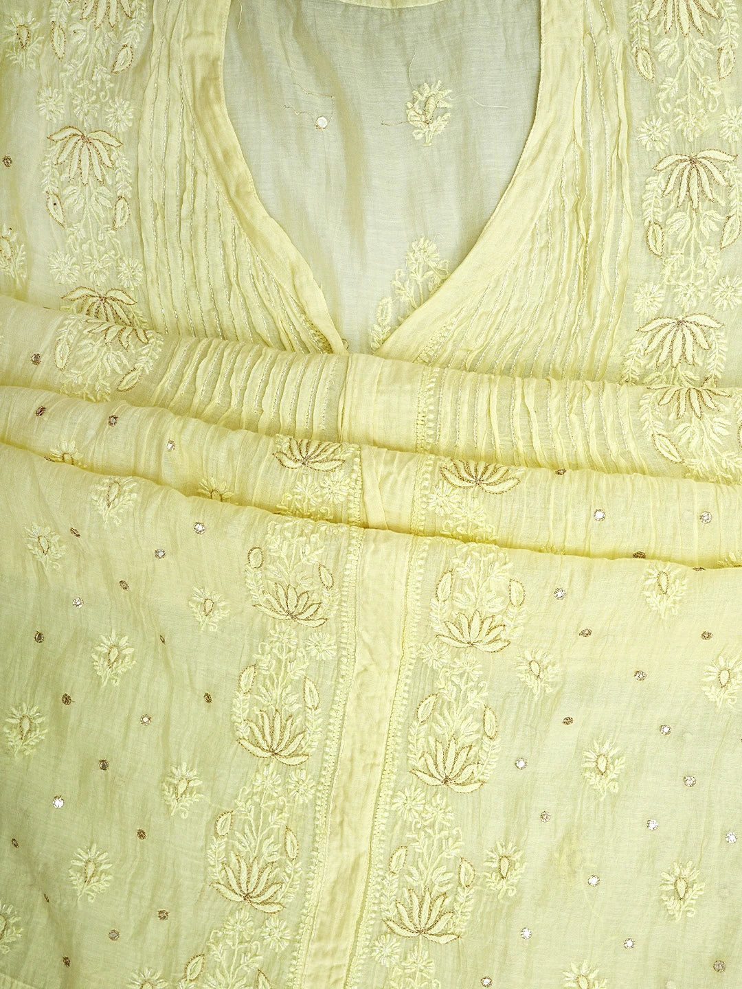 Ada Hand Embroidered Lemon Chanderi Lucknowi Chikankari Semi-stitched Kurta Dupatta Set With Zari Taar Work 01A864570