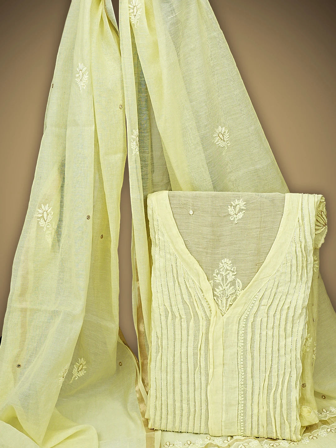 Ada Hand Embroidered Lemon Chanderi Lucknowi Chikankari Semi-stitched Kurta Dupatta Set With Zari Taar Work 01A864570