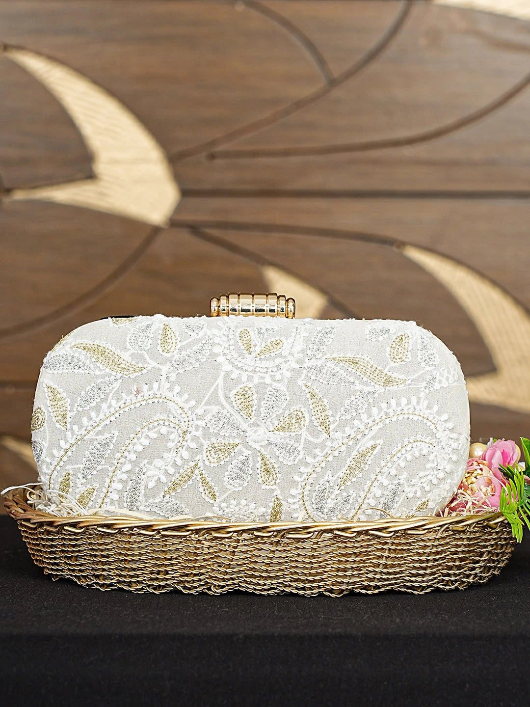 Ada Hand Embroidered Grey Viscose Georgette Lucknowi Chikankari Clutch With Zari Work 01A925577