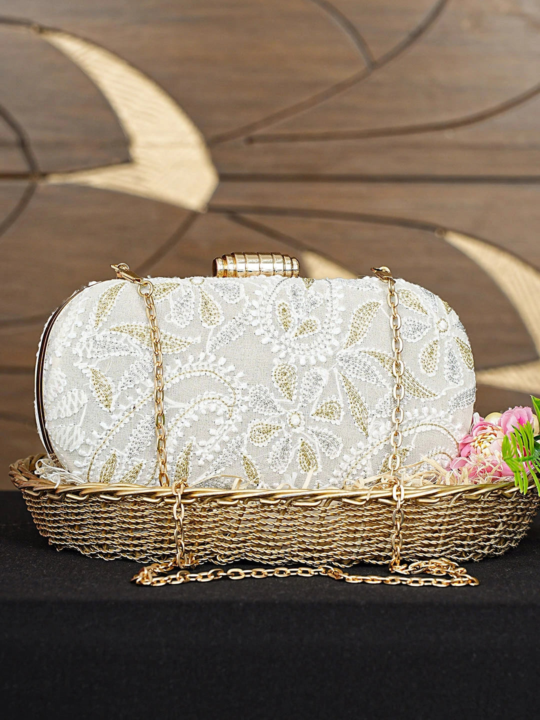 Ada Hand Embroidered Grey Viscose Georgette Lucknowi Chikankari Clutch With Zari Work 01A925577
