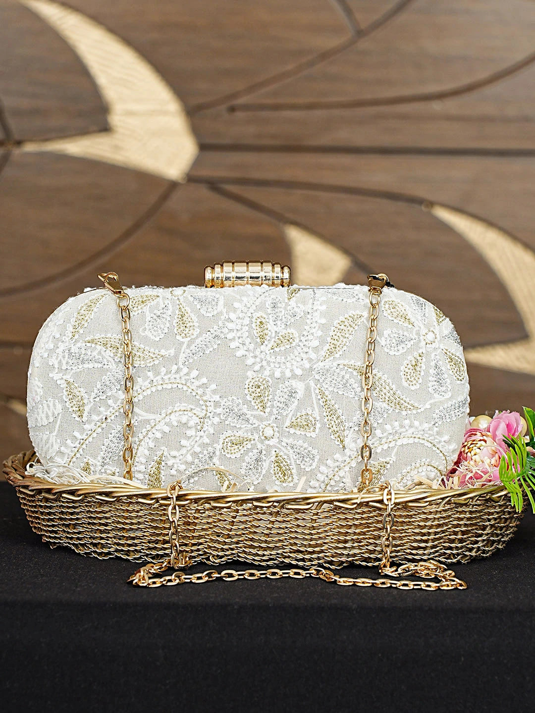 Ada Hand Embroidered Grey Viscose Georgette Lucknowi Chikankari Clutch With Zari Work 01A925577