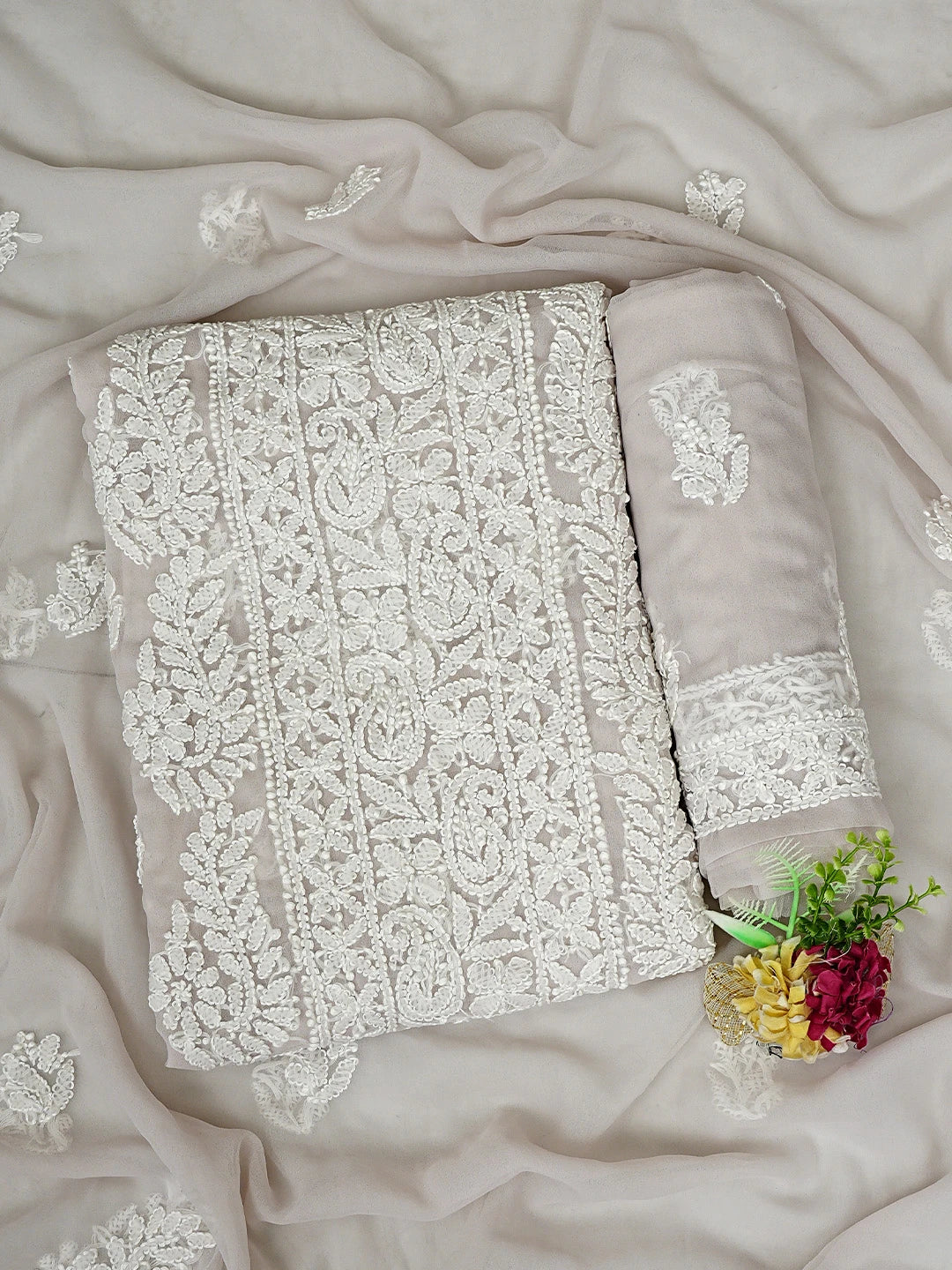 Ada Hand Embroidered Peach Georgette Lucknowi Chikankari Unstitched Suit Piece 01A934892