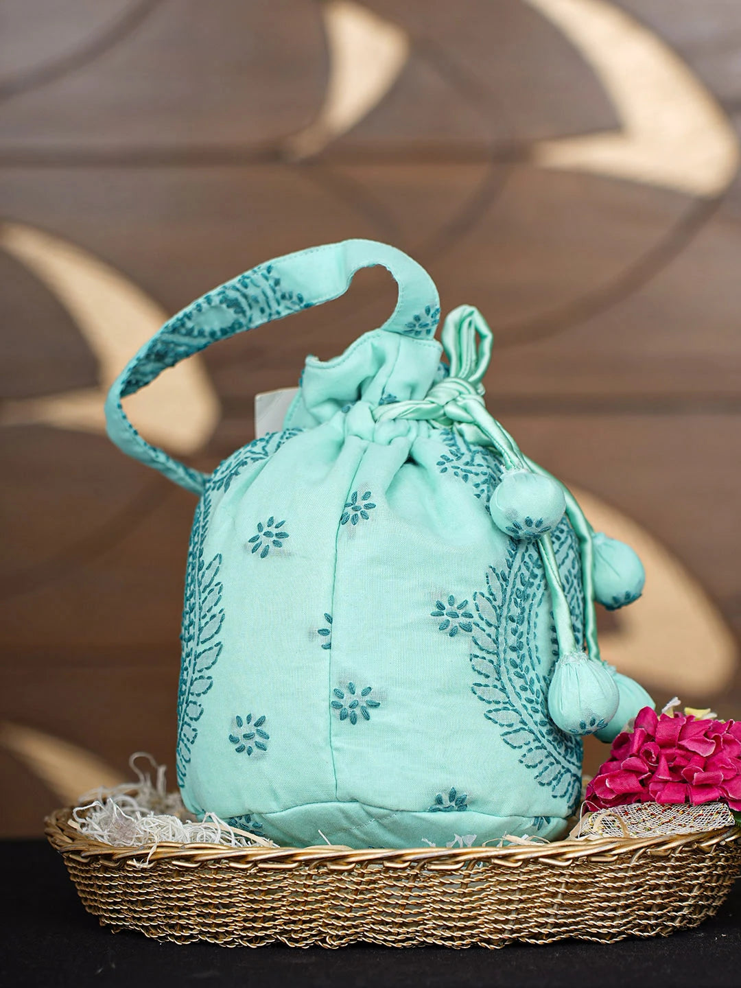 Ada Hand Embroidered Seafoam Green Cotton Lucknowi Chikankari Potli Bag 01A923048