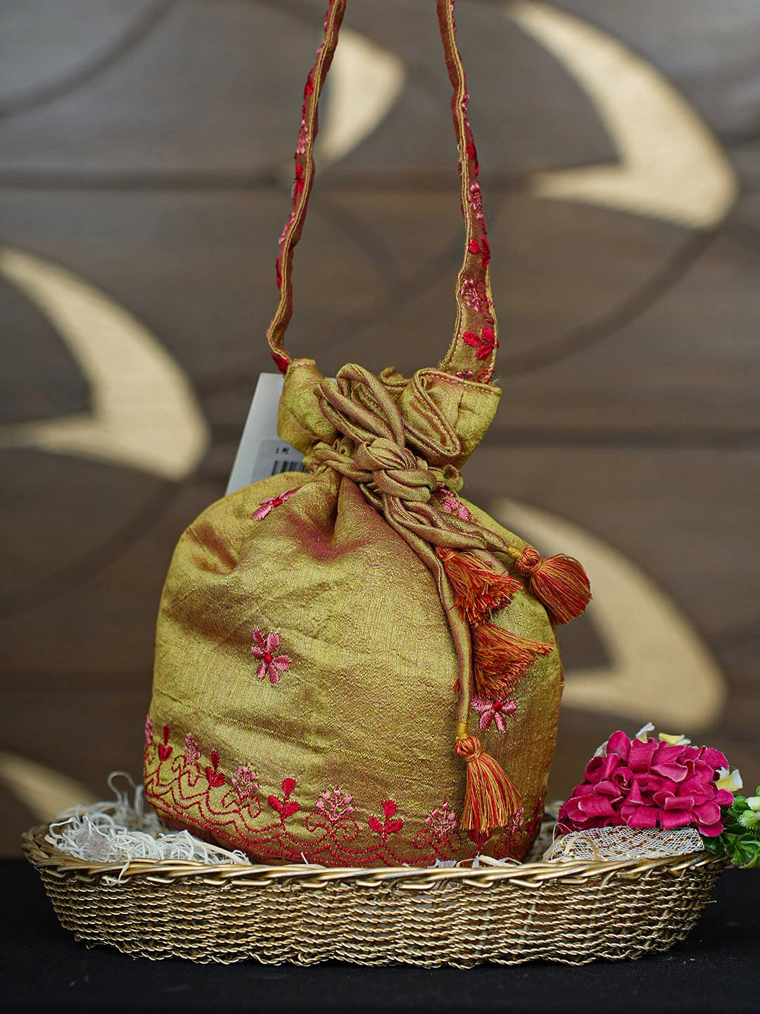 Ada Hand Embroidered Mehendi Green Silk  ucknowi Chikankari Potli Bag 01A937132