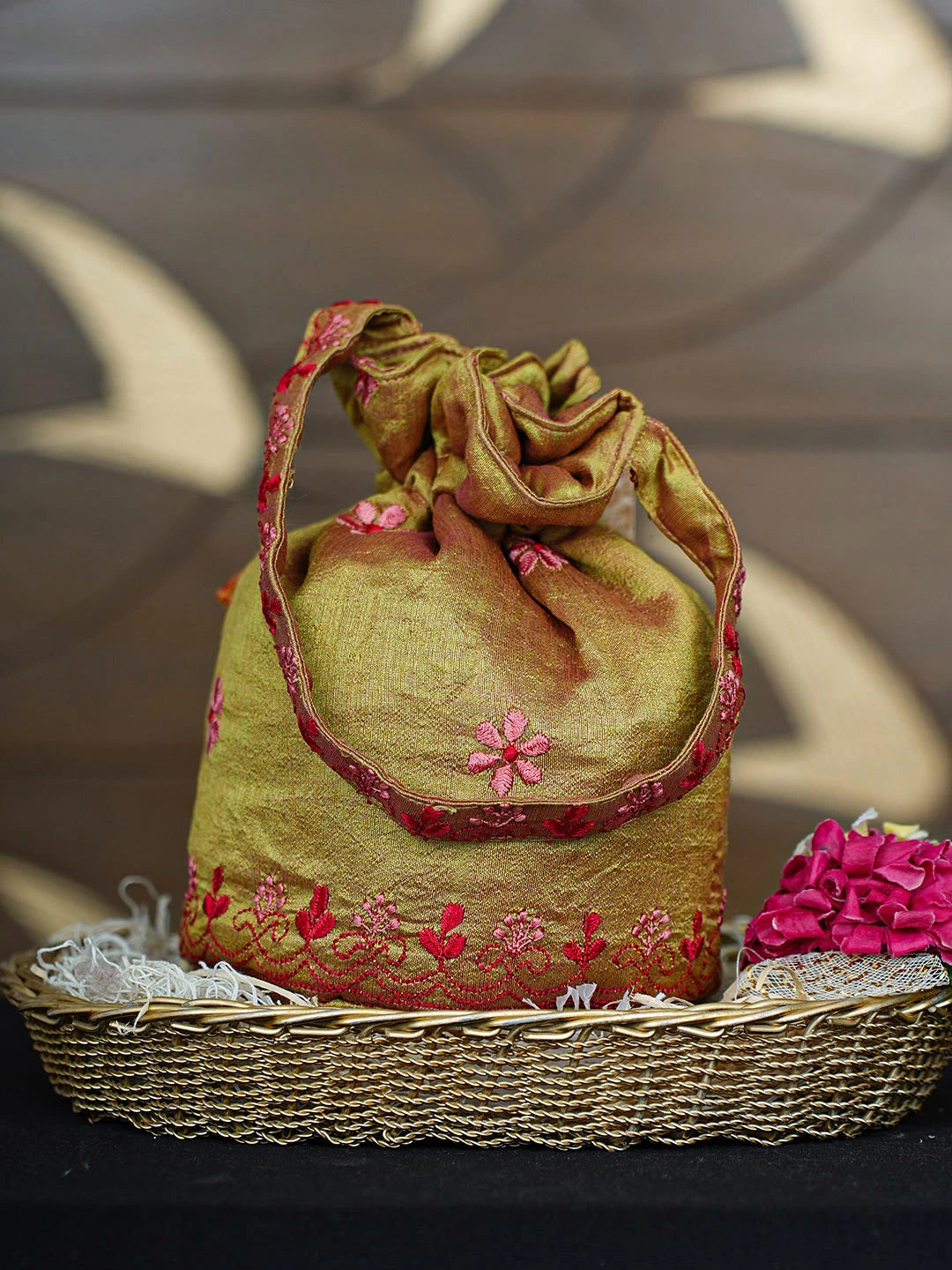 Ada Hand Embroidered Mehendi Green Silk  ucknowi Chikankari Potli Bag 01A937132