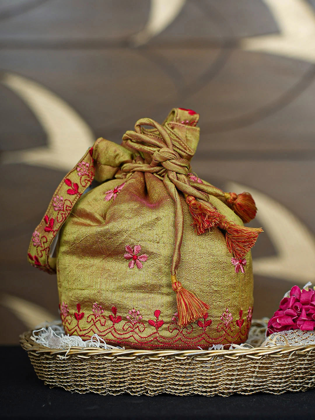 Ada Hand Embroidered Mehendi Green Silk  ucknowi Chikankari Potli Bag 01A937132