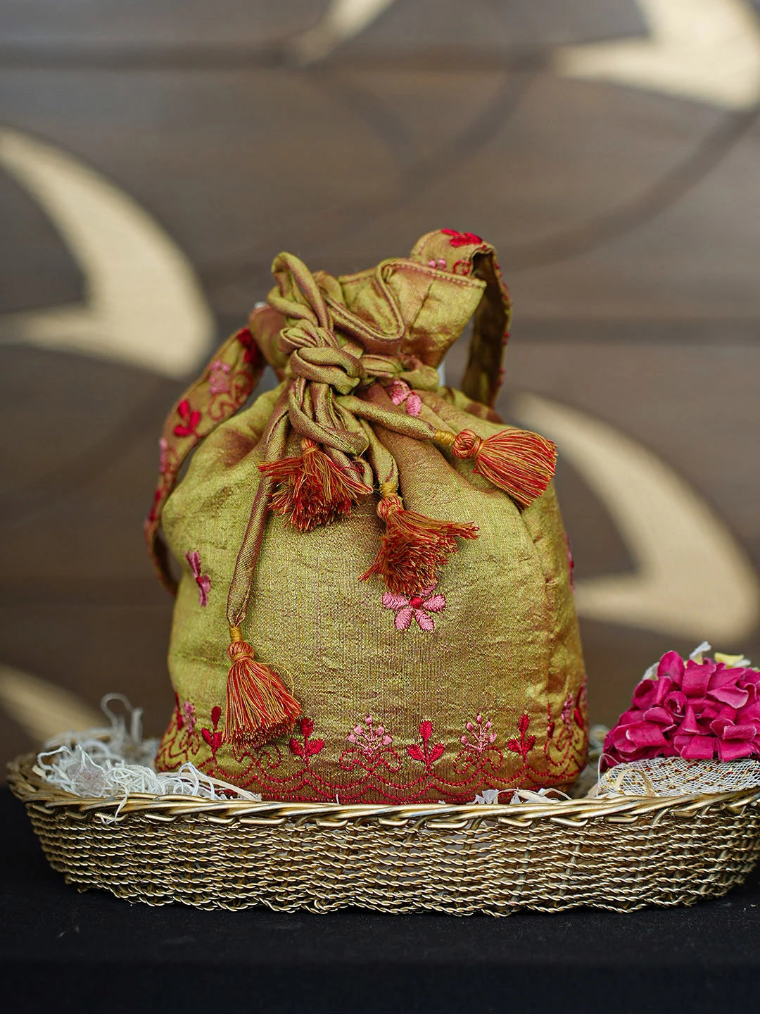 Ada Hand Embroidered Mehendi Green Silk  ucknowi Chikankari Potli Bag 01A937132
