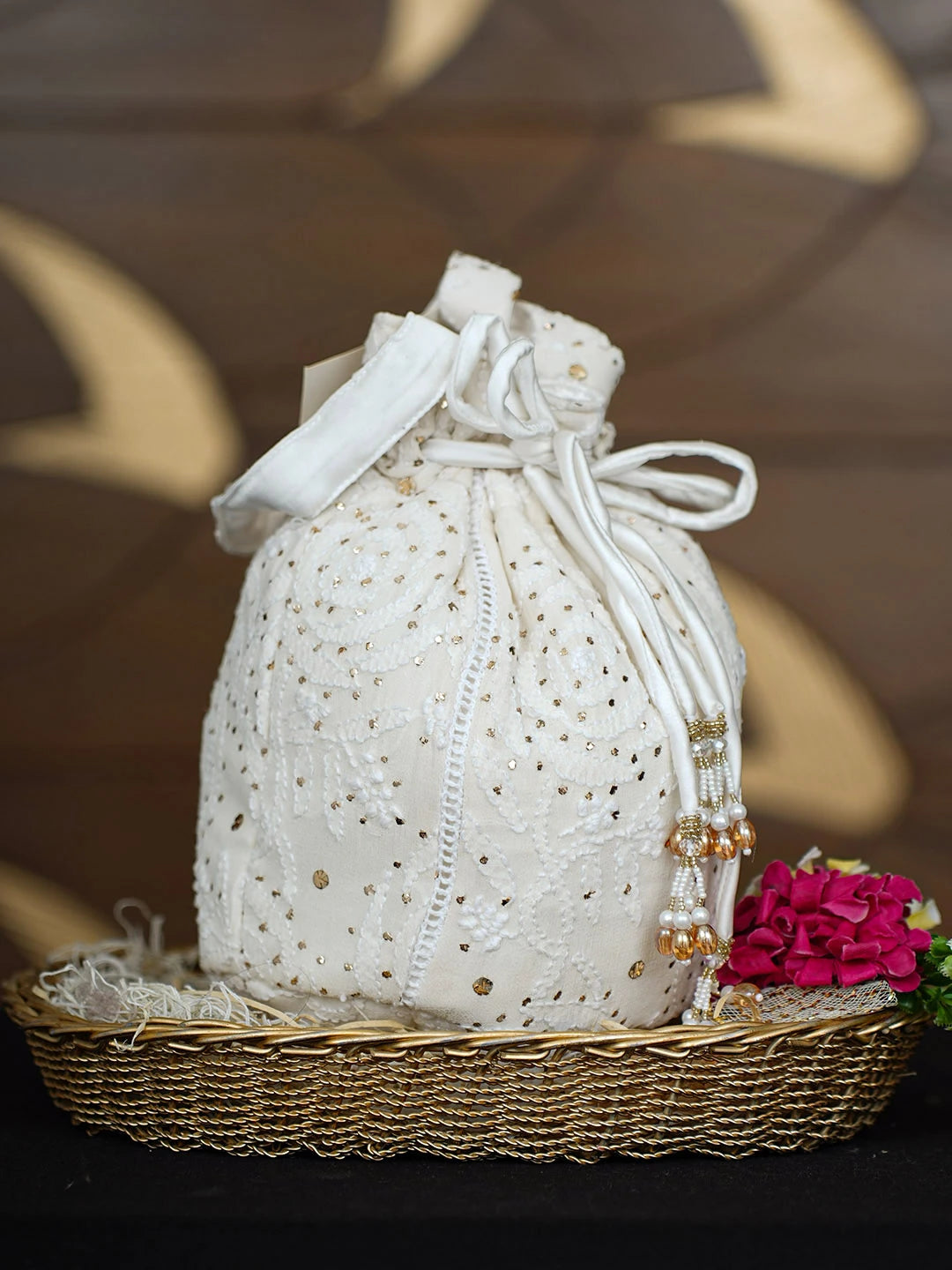 Ada Hand Embroidered Off White Pure Georgette Lucknowi Chikankari Potli Bag With Muqaish Work 01A938438