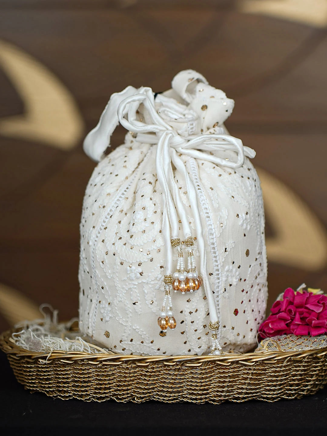 Ada Hand Embroidered Off White Pure Georgette Lucknowi Chikankari Potli Bag With Muqaish Work 01A938438
