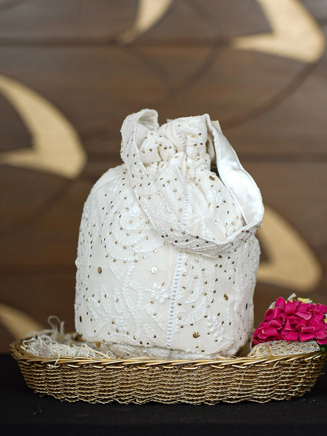 Ada Hand Embroidered Off White Pure Georgette Lucknowi Chikankari Potli Bag With Muqaish Work 01A938438