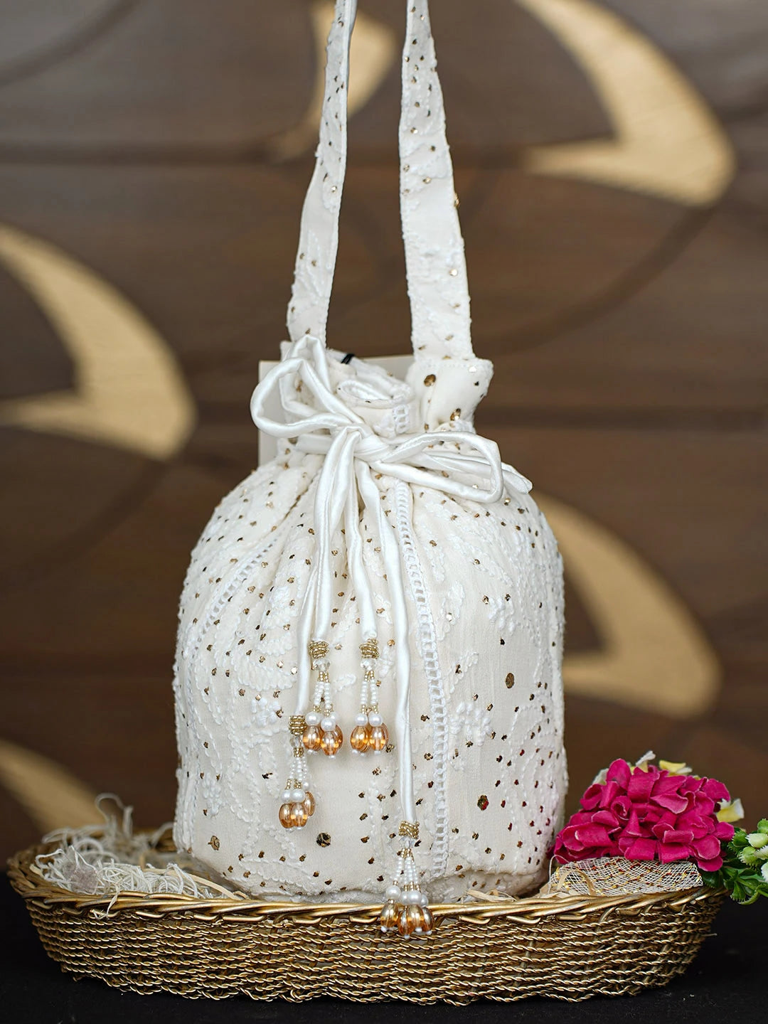 Ada Hand Embroidered Off White Pure Georgette Lucknowi Chikankari Potli Bag With Muqaish Work 01A938438