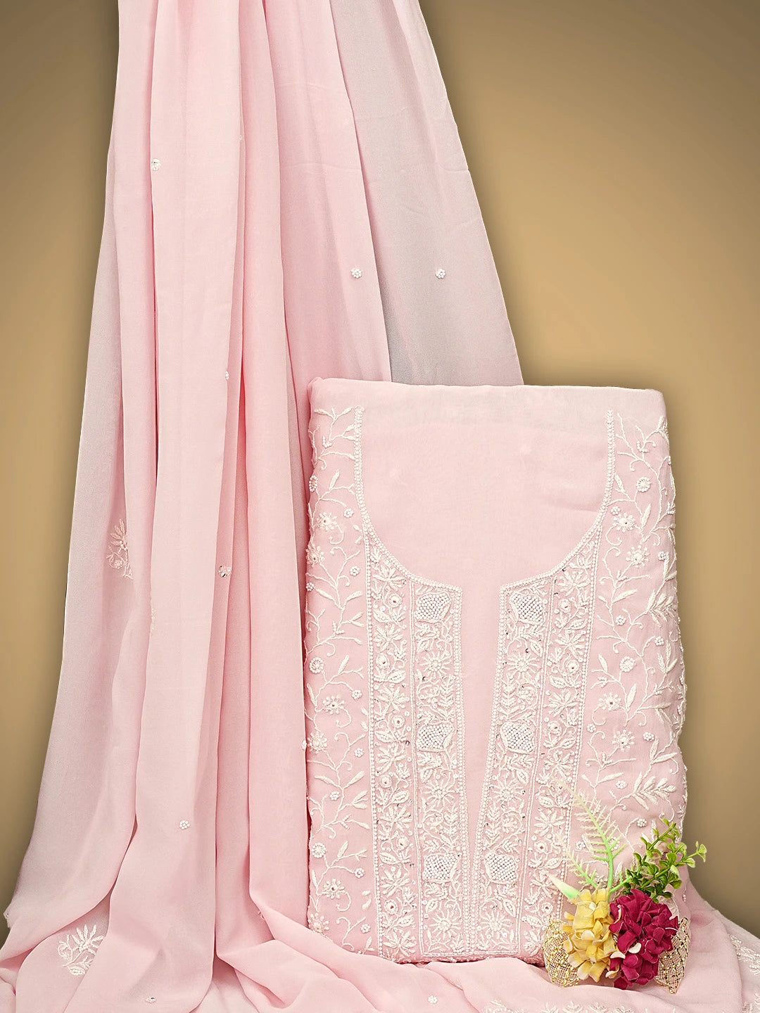 Ada Hand Embroidered Light Pink Viscose Georgette Lucknowi Chikankari Unstitched Kurta Dupatta Set With Pearl Work 01A821723
