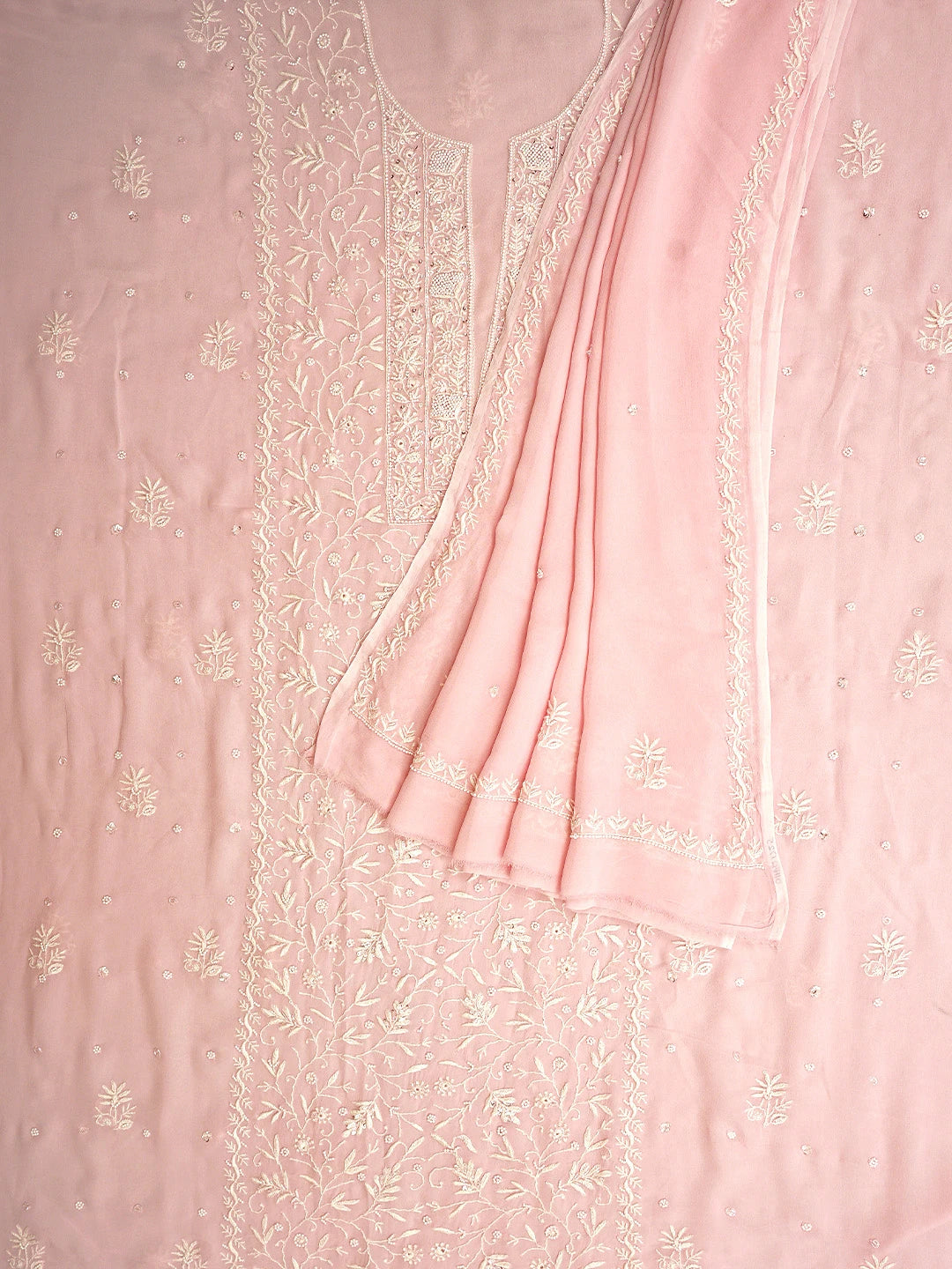 Ada Hand Embroidered Light Pink Viscose Georgette Lucknowi Chikankari Unstitched Kurta Dupatta Set With Pearl Work 01A821723