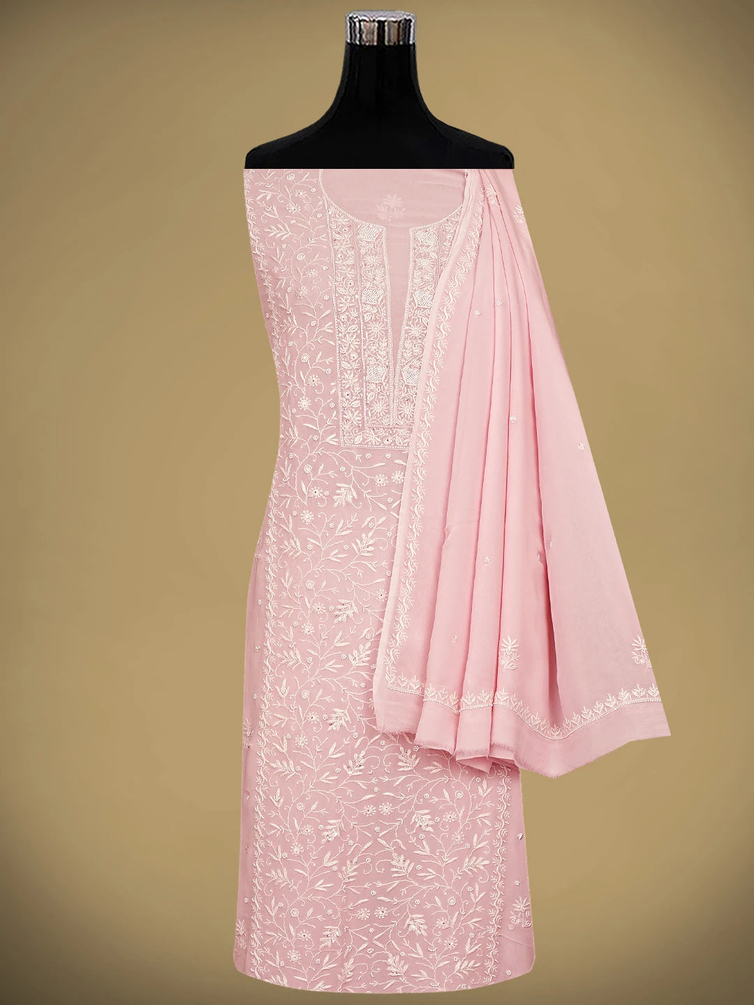 Ada Hand Embroidered Light Pink Viscose Georgette Lucknowi Chikankari Unstitched Kurta Dupatta Set With Pearl Work 01A821723