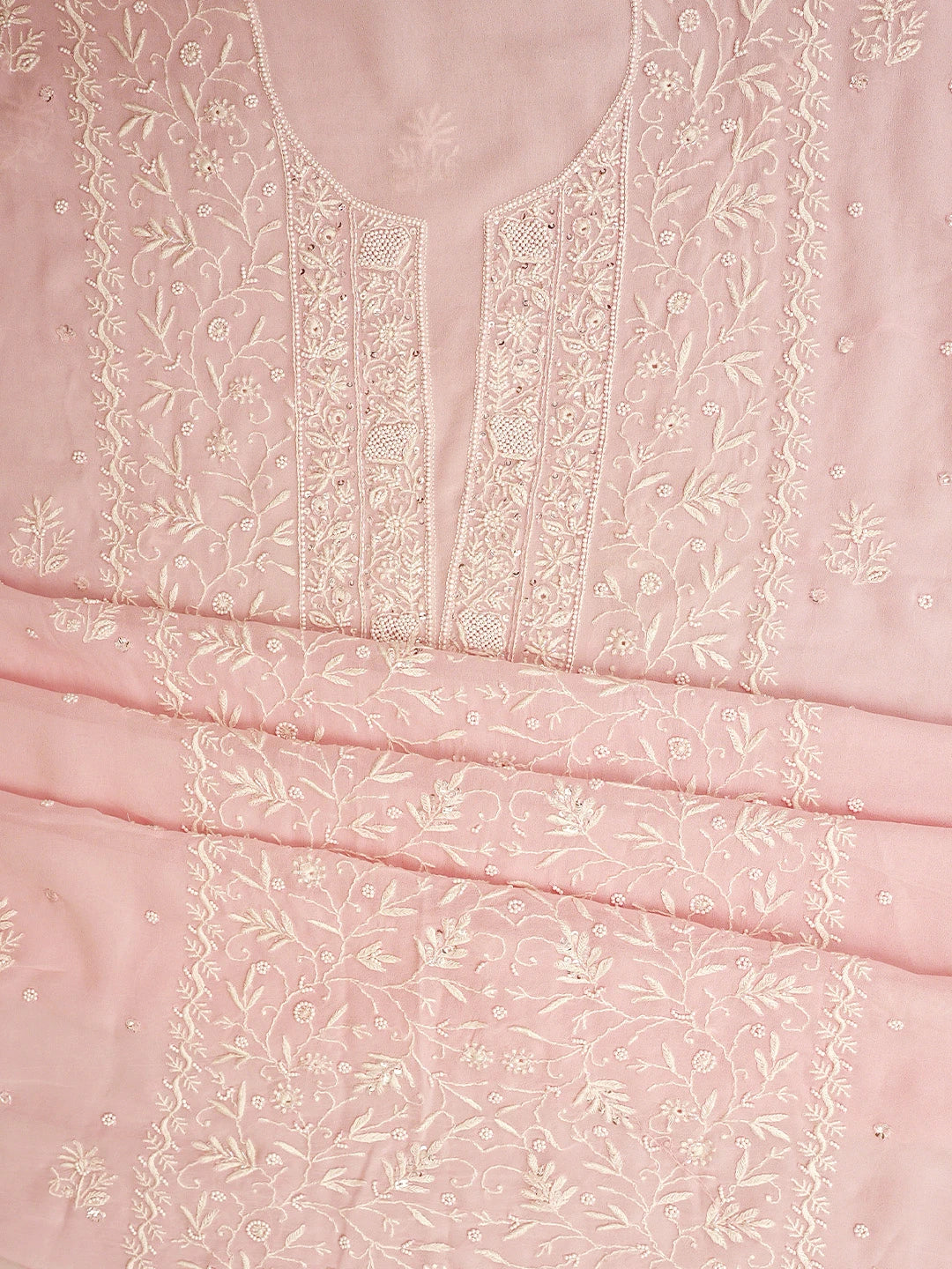 Ada Hand Embroidered Light Pink Viscose Georgette Lucknowi Chikankari Unstitched Kurta Dupatta Set With Pearl Work 01A821723