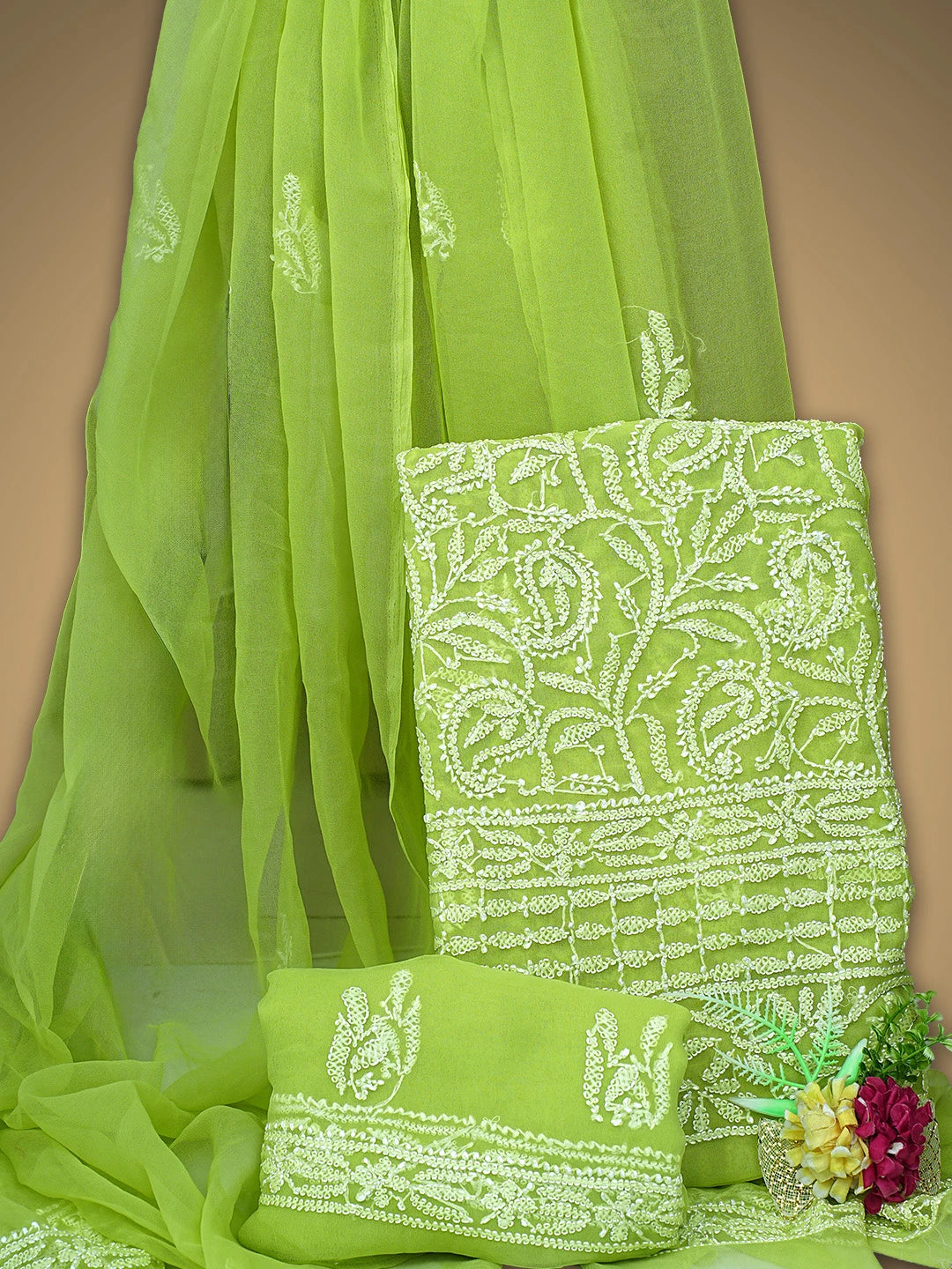 Ada Hand Embroidered Green Georgette Lucknowi Chikankari Unstitched Suit Piece 01A907711