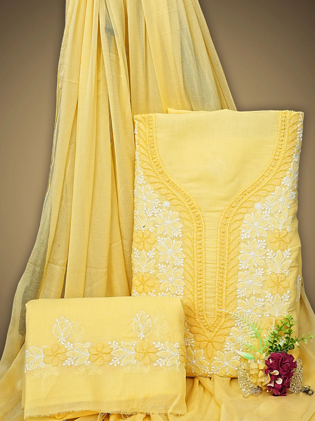 Ada Hand Embroidered Yellow Cotton Lucknowi Chikankari Unstitched Suit Piece 01A943523