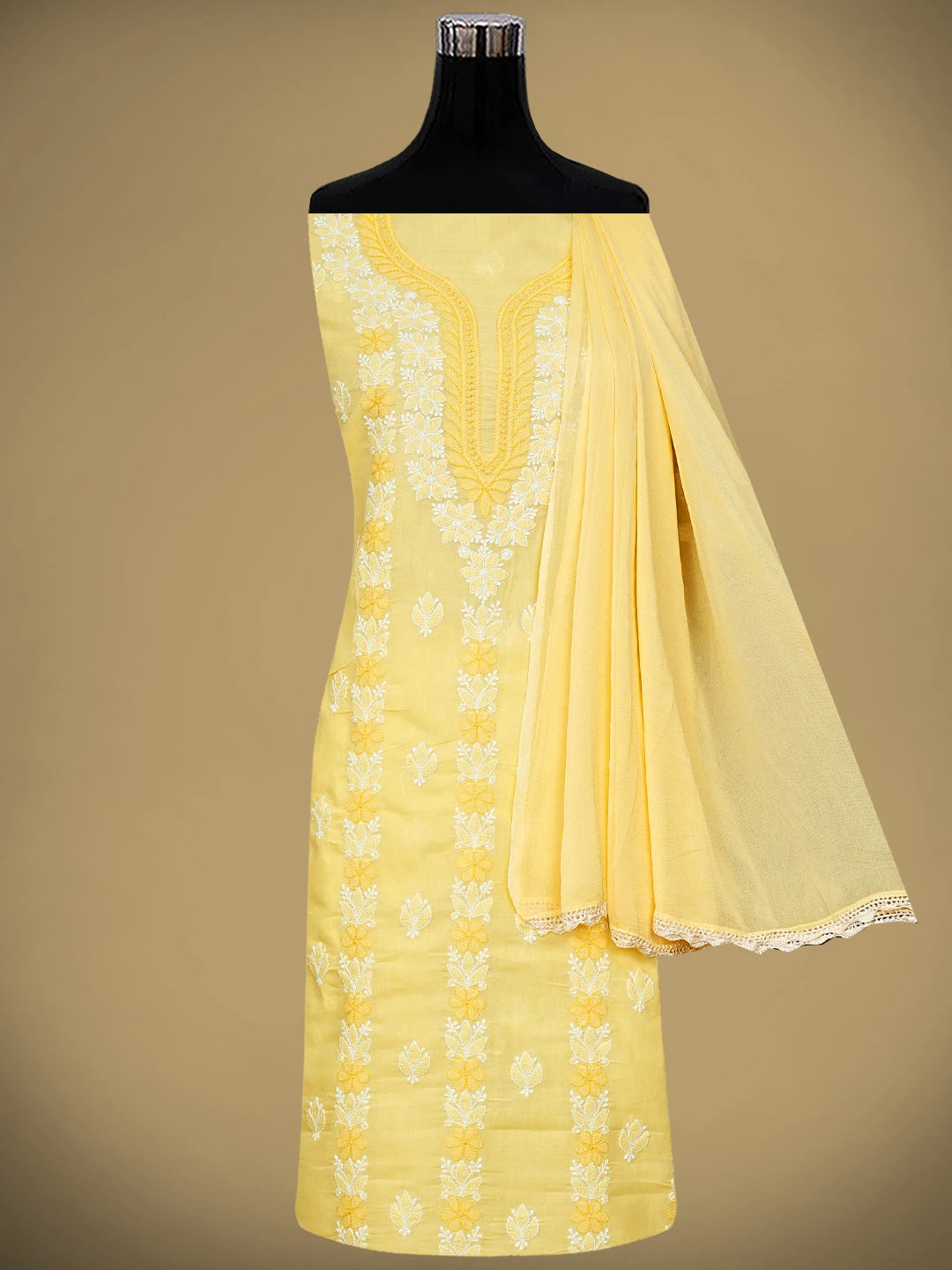 Ada Hand Embroidered Yellow Cotton Lucknowi Chikankari Unstitched Suit Piece 01A943523