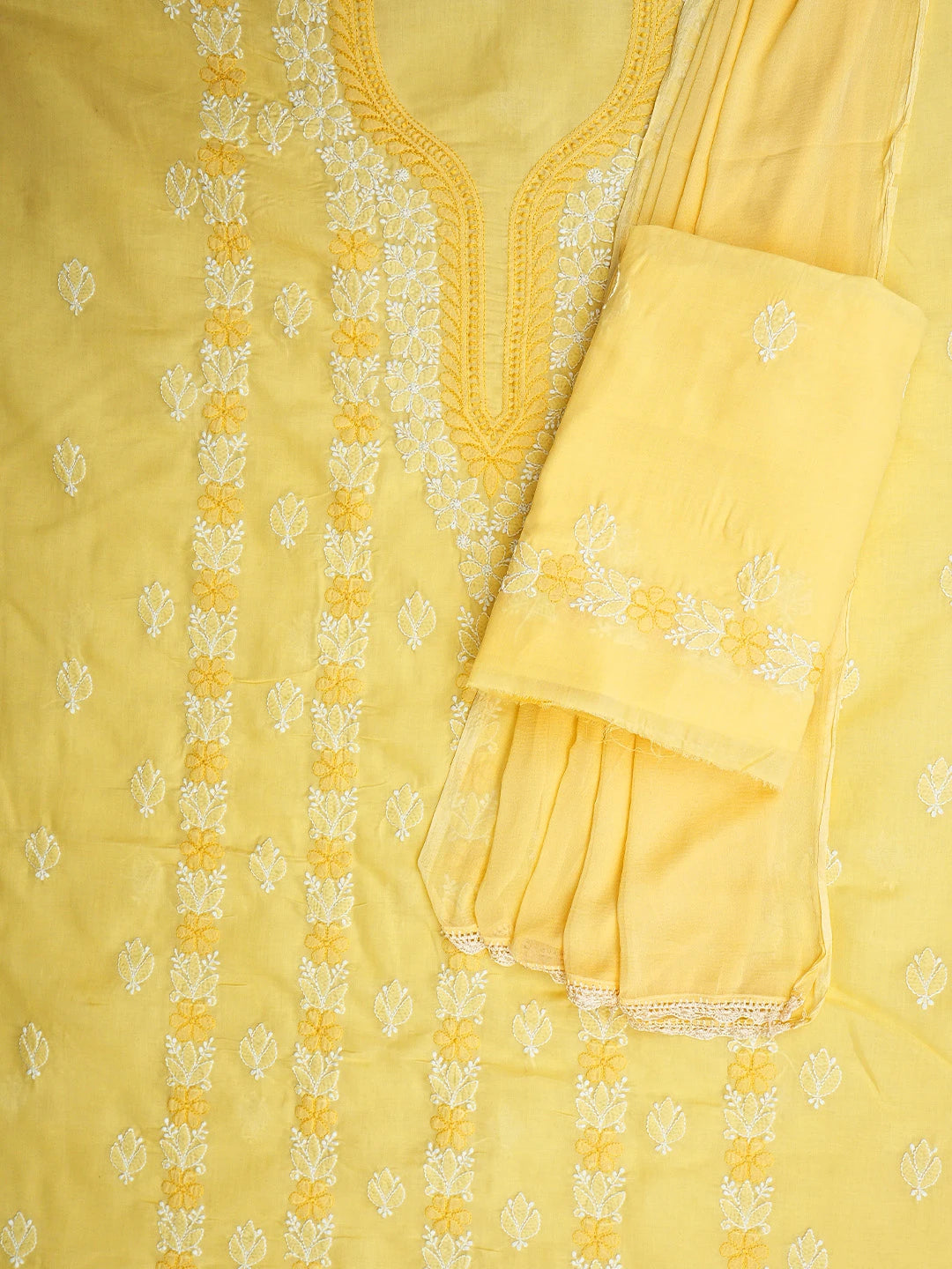 Ada Hand Embroidered Yellow Cotton Lucknowi Chikankari Unstitched Suit Piece 01A943523