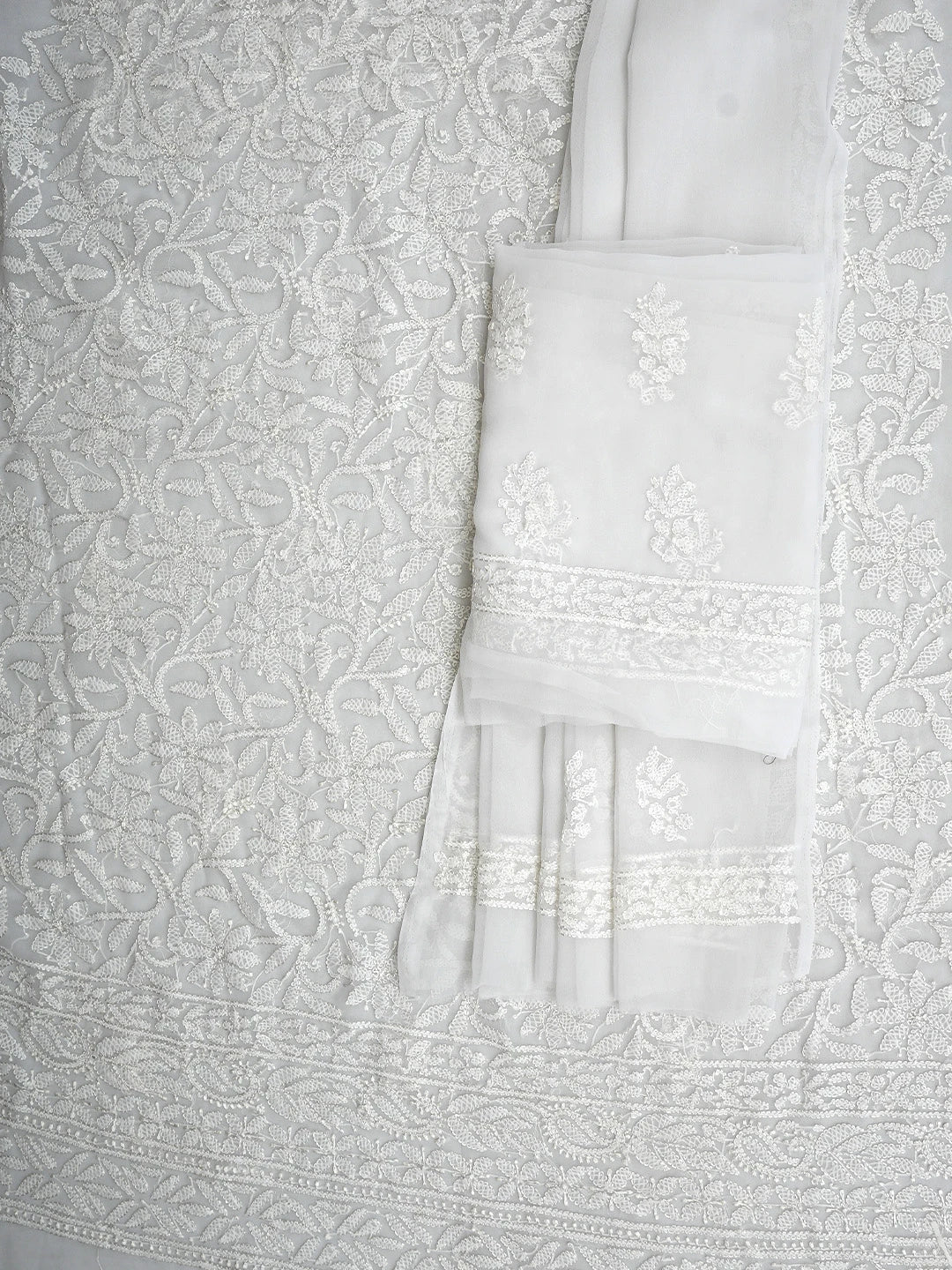 Ada Hand Embroidered White Georgette Lucknowi Chikankari Unstitched Suit Piece 01A907709