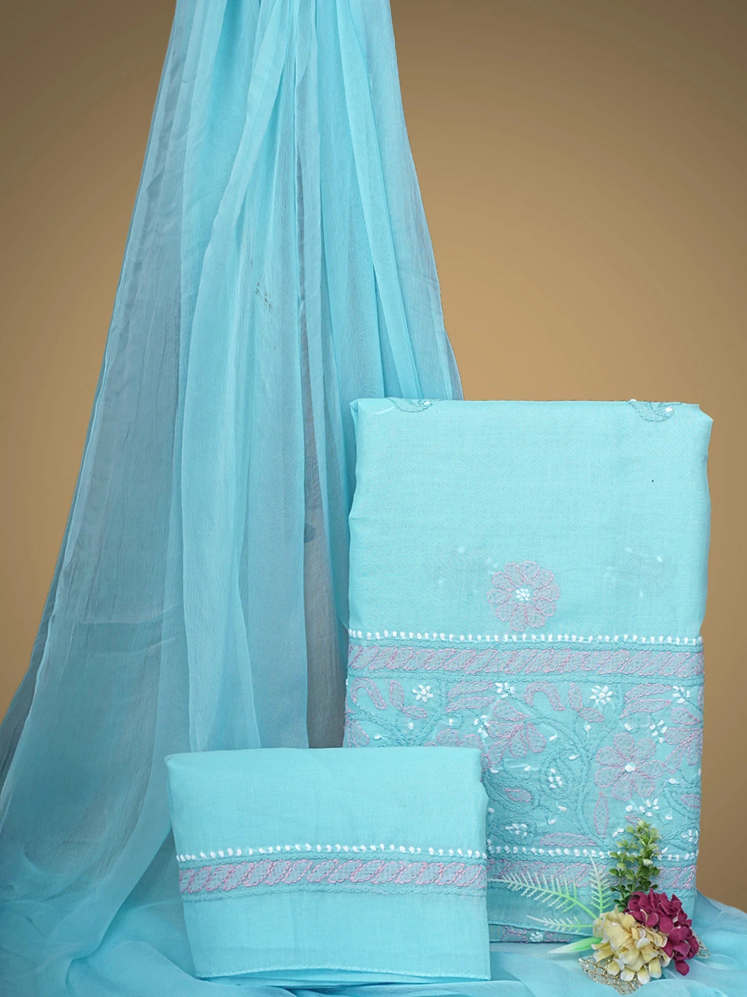 Ada Hand Embroidered Blue Cotton Lucknowi Chikankari Unstitched Suit Piece 01A819135