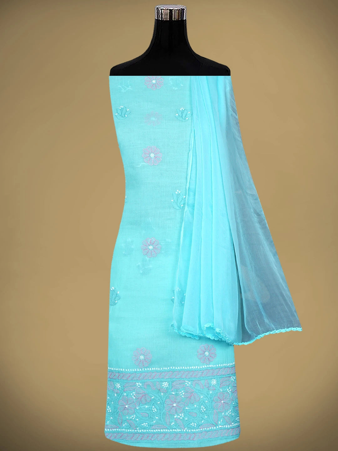 Ada Hand Embroidered Blue Cotton Lucknowi Chikankari Unstitched Suit Piece 01A819135
