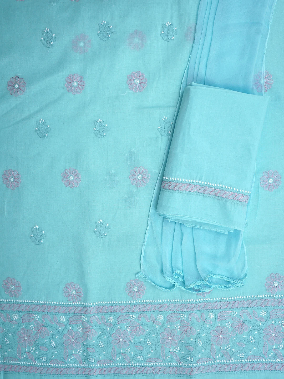 Ada Hand Embroidered Blue Cotton Lucknowi Chikankari Unstitched Suit Piece 01A819135