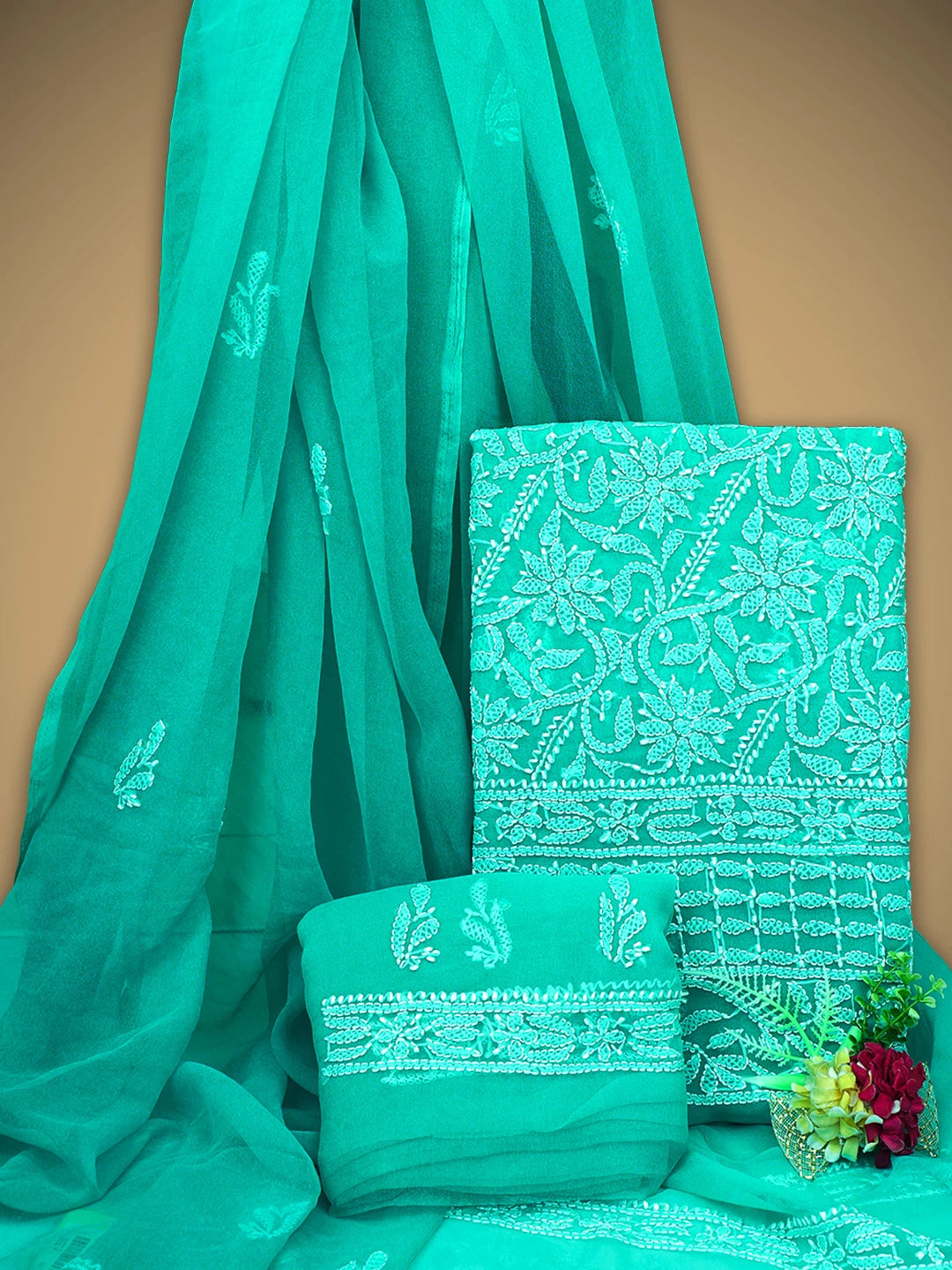 Ada Hand Embroidered Rama Green Georgette Lucknowi Chikankari Unstitched Suit Piece 01A878890