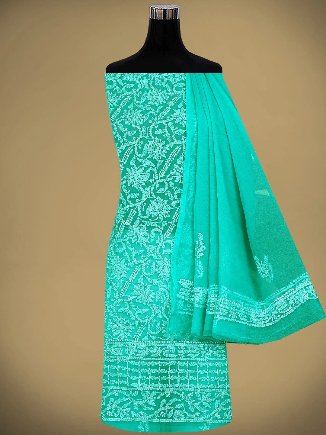 Ada Hand Embroidered Rama Green Georgette Lucknowi Chikankari Unstitched Suit Piece 01A878890