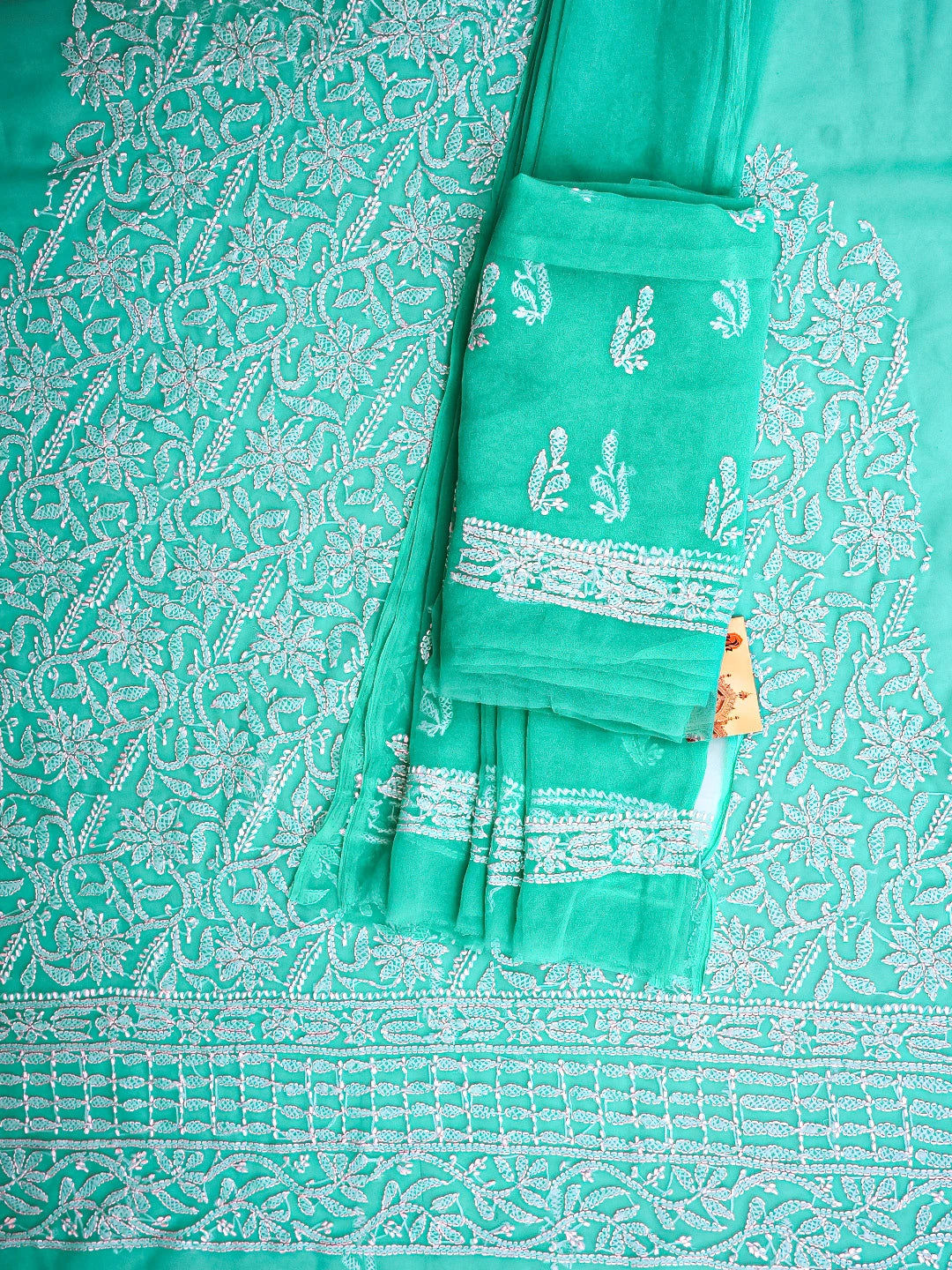 Ada Hand Embroidered Rama Green Georgette Lucknowi Chikankari Unstitched Suit Piece 01A878890