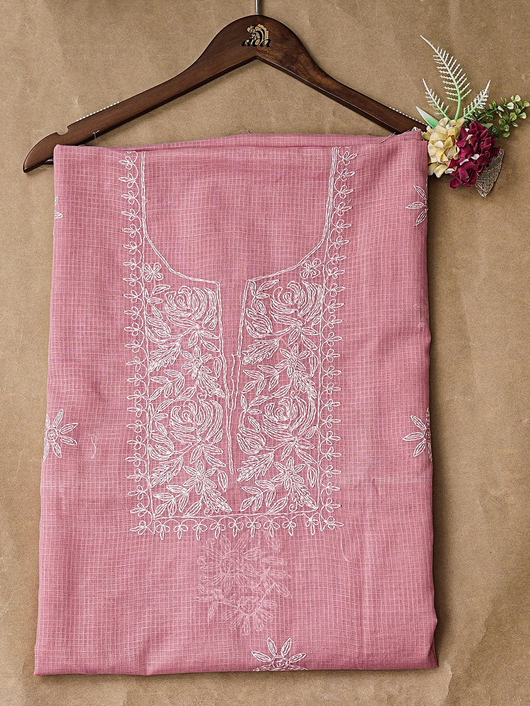 Ada Hand Embroidered Onion Pink Kota Lucknowi Chikankari Unstitched Kurta 01A846215