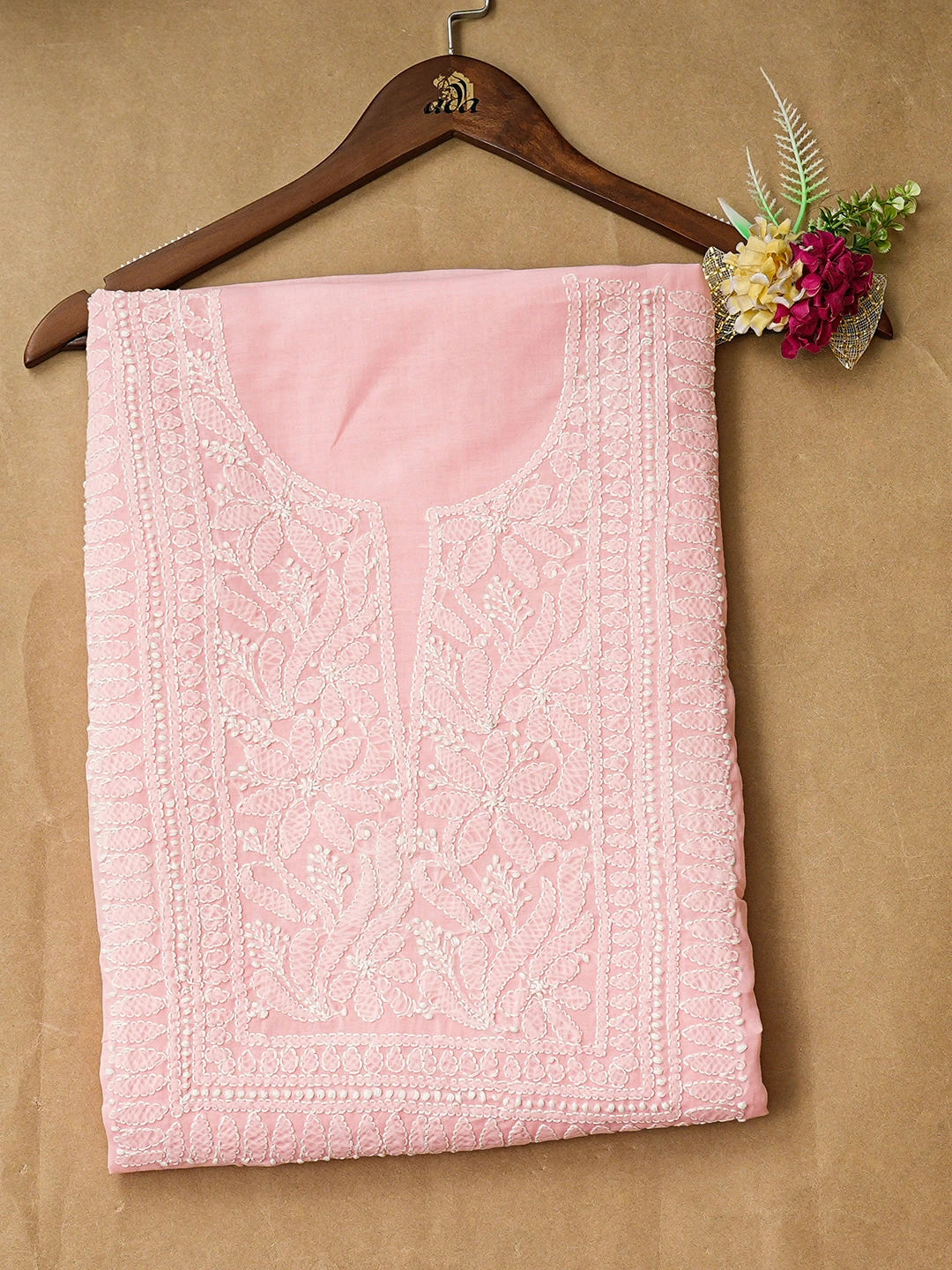 Ada Hand Embroidered Peach Cotton Lucknowi Chikankari Unstitched Kurta 01A916501