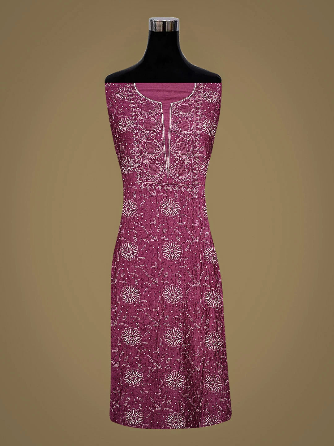 Ada Hand Embroidered Onion Pink Chanderi Lucknowi Chikankari Unstitched Kurta Dupatta Set With Zari Taar Work 01A873668
