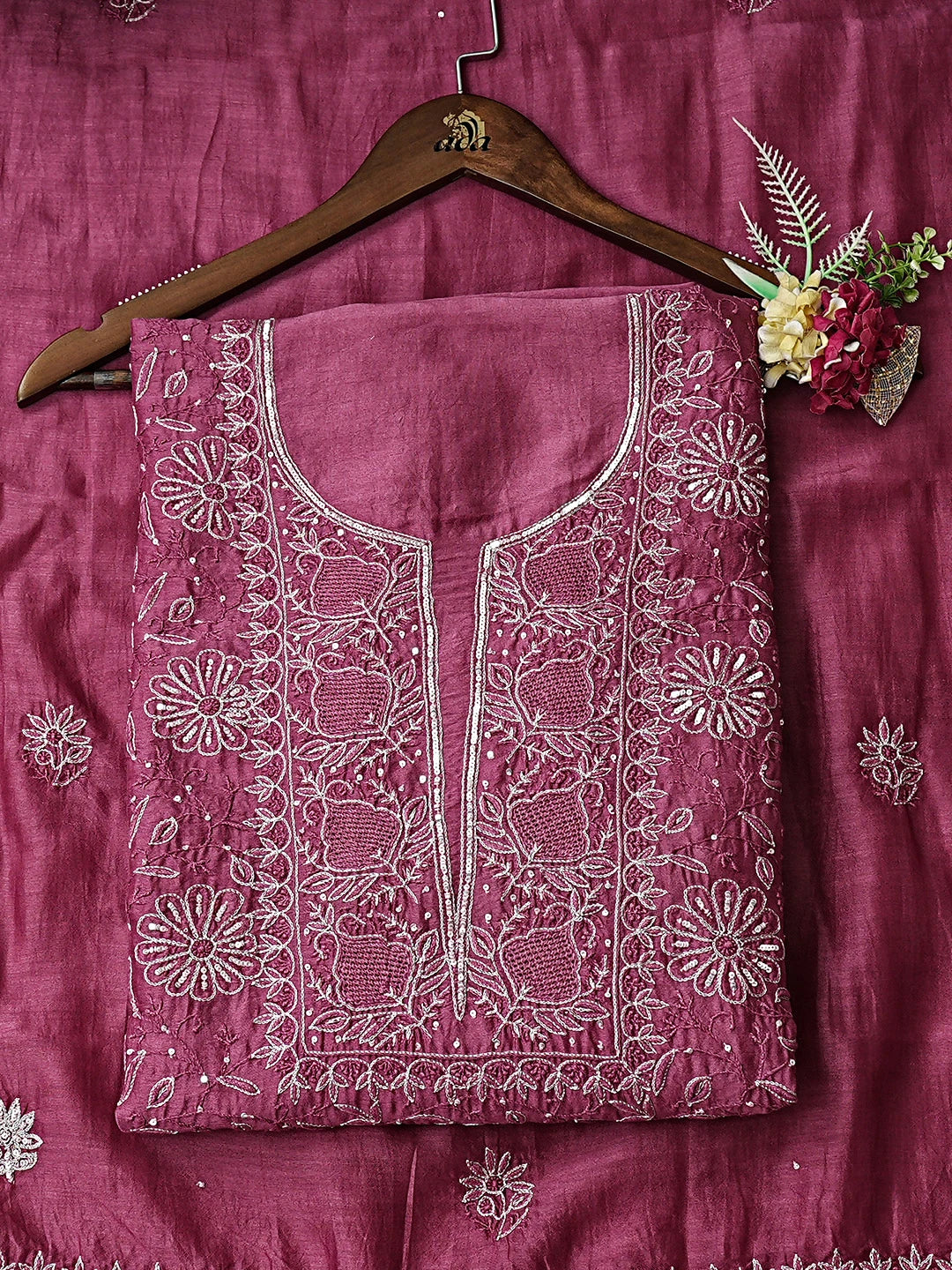Ada Hand Embroidered Onion Pink Chanderi Lucknowi Chikankari Unstitched Kurta Dupatta Set With Zari Taar Work 01A873668