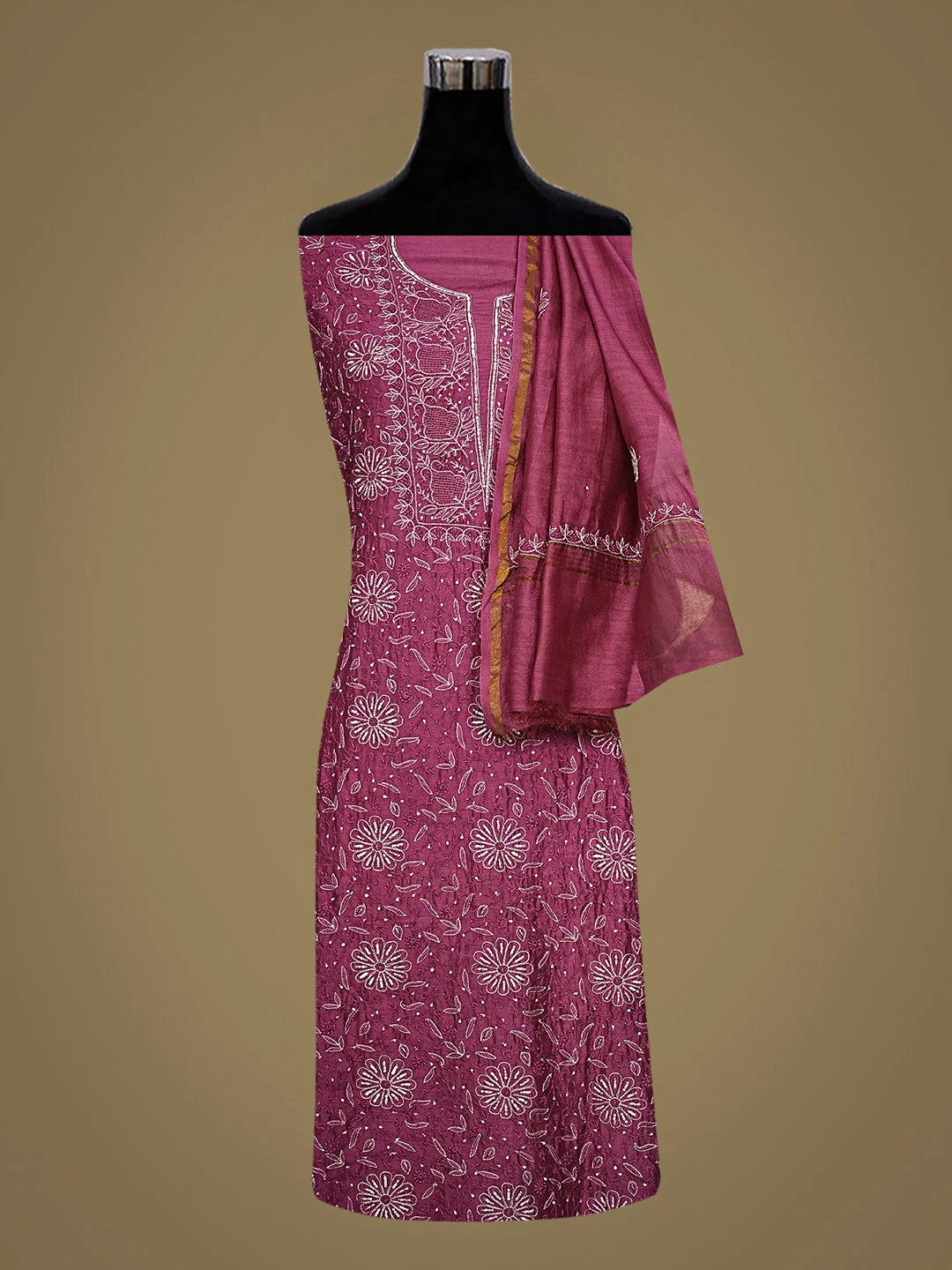 Ada Hand Embroidered Onion Pink Chanderi Lucknowi Chikankari Unstitched Kurta Dupatta Set With Zari Taar Work 01A873668