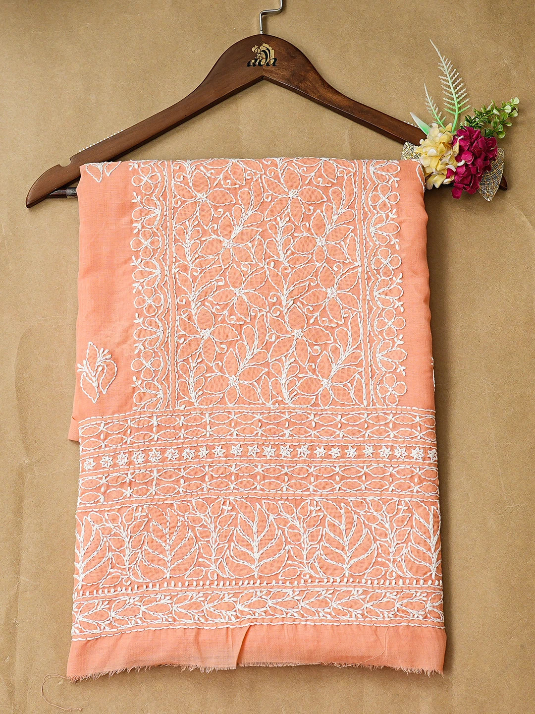 Ada Hand Embroidered Peach Cotton Lucknowi Chikankari Unstitched Kurta 01A863930